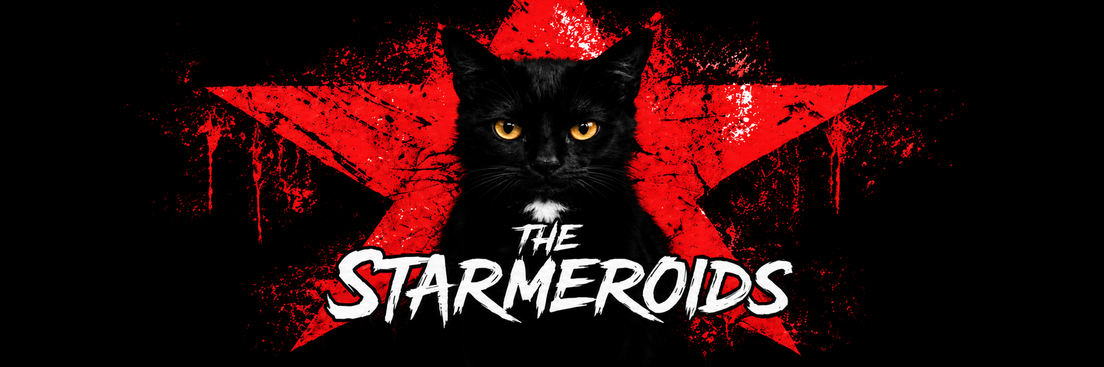 The Starmeroids banner: Tac, a realistic black short-haired cat with amber eyes and a small white chest patch, sits in front of a distressed red five-pointed star on a black background, beside the white brush-style words ‘The Starmeroids’.