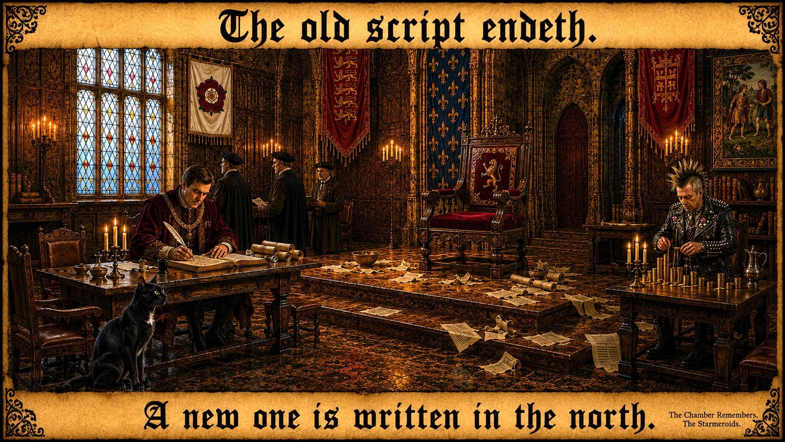 Top bar text: "The old script endeth." In the Long Gallery Chamber, the throne stands empty with discarded papers scattered on its steps. Andy Burnham sits at a writing desk to the left, quill in hand, working on a new text. Punk Farage stands in the right background counting gold coins. Tac sits at the lower left looking toward the empty throne. Bottom bar text: "A new one is written in the north."