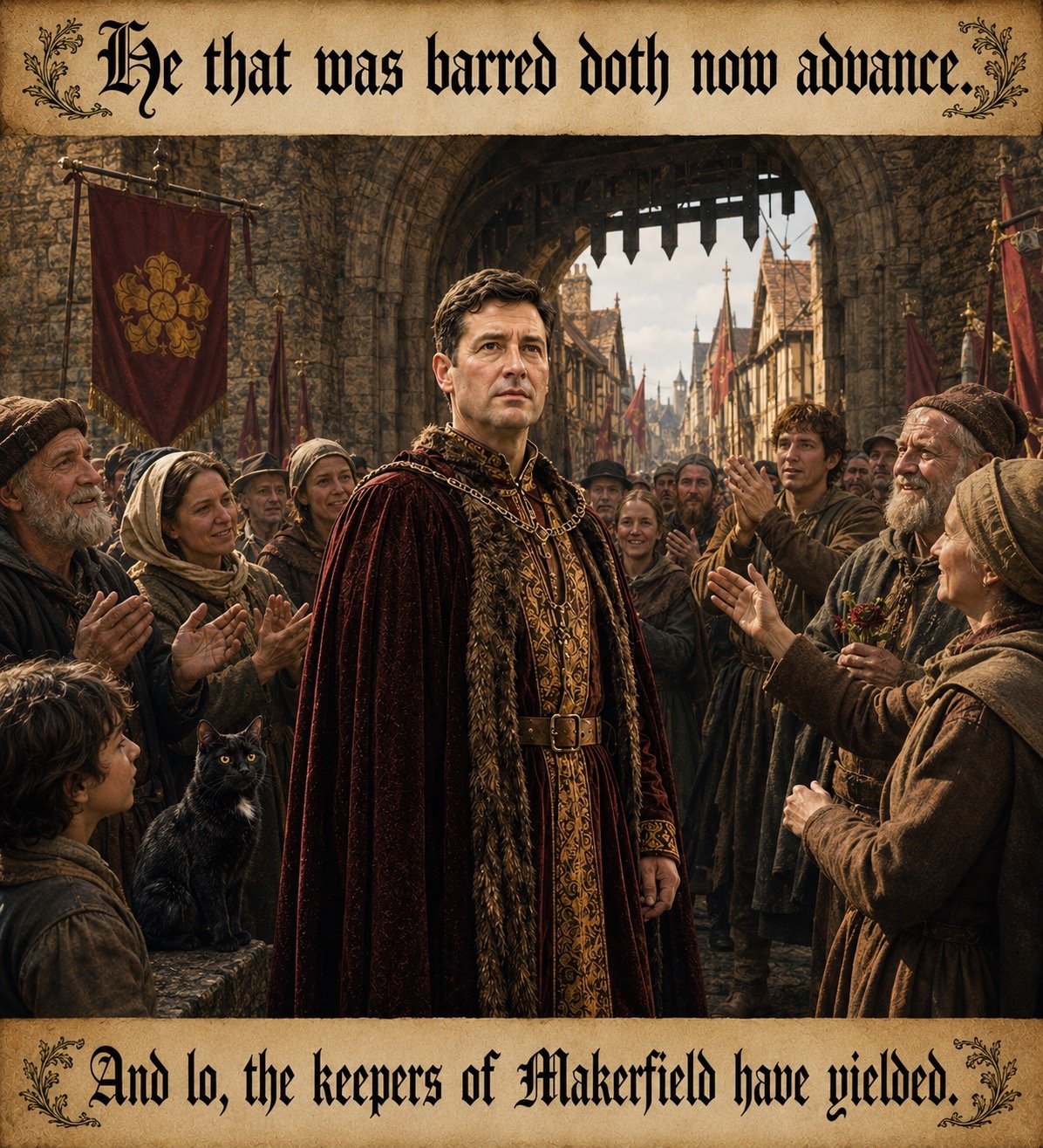 Top bar text: "He that was barred doth now advance." In a Tudor great hall, Andy Burnham appears in the Bolingbroke role before a council of lords. A heavy door behind them stands partly open, marking the first stage of his return through the political gates. Bottom bar text: "One door unbars. Three yet remain."