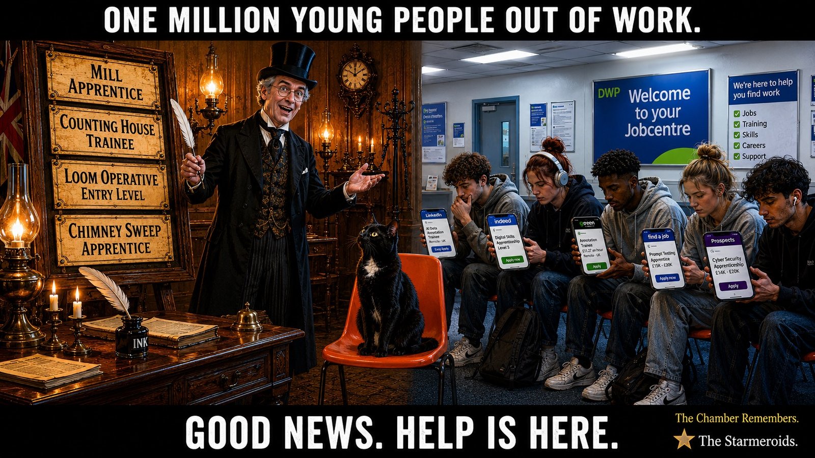 Top bar text: "ONE MILLION YOUNG PEOPLE OUT OF WORK." A British Jobcentre is split down the middle by two eras. On the left, Jacob Rees-Mogg is dressed as a Victorian gentleman in a frock coat, waistcoat, cravat, top hat and round wire-framed glasses. He gestures towards job cards for MILL APPRENTICE, COUNTING HOUSE TRAINEE, LOOM OPERATIVE ENTRY LEVEL and CHIMNEY SWEEP APPRENTICE beside a wooden desk with quill, ink, candles and a ledger. On the right, young adults sit under modern strip lighting using phones showing contemporary job-search listings including AI data annotation, digital skills, prompt testing and cyber-security apprenticeships. Tac sits on an orange chair at the boundary between the two halves, looking towards Rees-Mogg. Bottom bar text: "GOOD NEWS. HELP IS HERE."