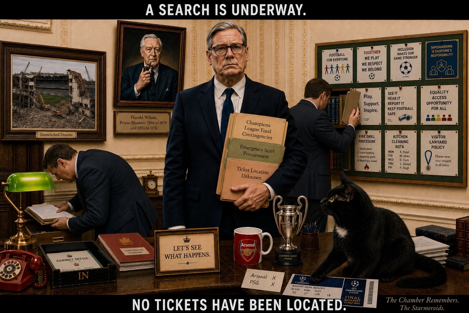 Top bar text: "A SEARCH IS UNDERWAY." In the Whitehall Paw Final ministerial office, Keir Starmer stands completely still while two civil servants search the room. One has discovered a hidden door behind the noticeboard. Champions League Final tickets are already lying on the desk beneath Tac's paw. Tac looks towards Keir Starmer while the search continues around them. Bottom bar text: "NO TICKETS HAVE BEEN LOCATED."