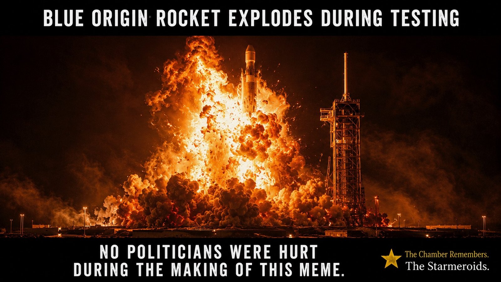 Top bar text: "BLUE ORIGIN ROCKET EXPLODES DURING TESTING." At night on a Cape Canaveral launch pad, a large rocket is engulfed in a dramatic orange-and-yellow fireball. The launch tower stands to the right against the dark sky. No people or animals are visible. Bottom bar text: "NO POLITICIANS WERE HURT DURING THE MAKING OF THIS MEME."