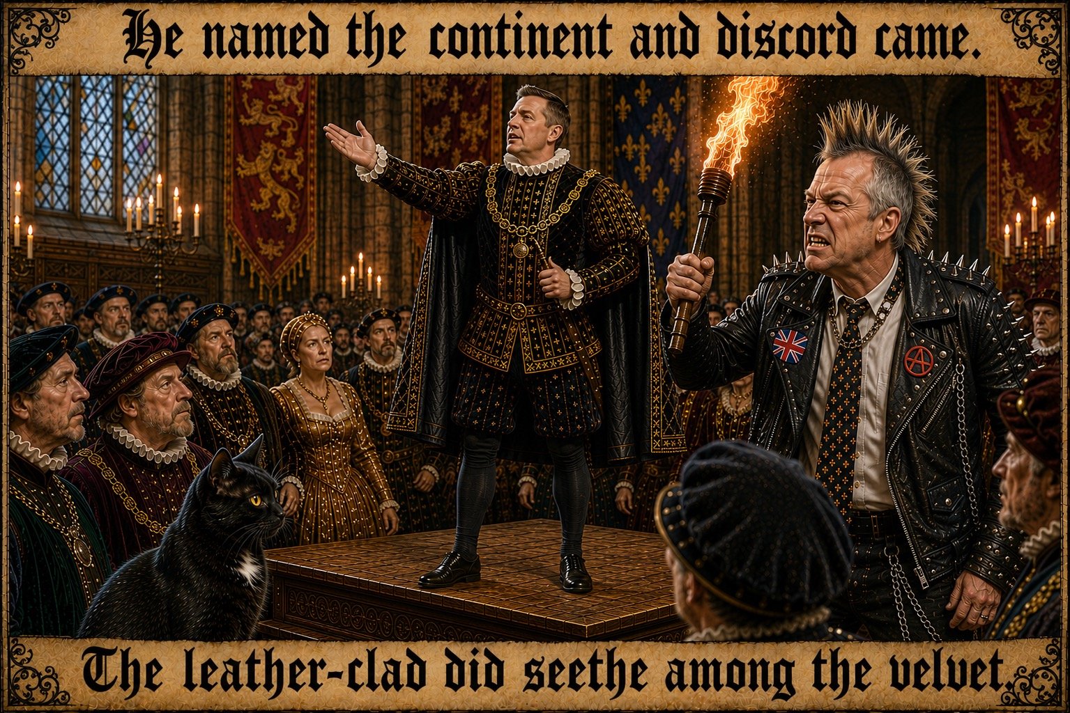Top bar text: "He named the continent and discord came." In the Long Gallery Chamber, Wes Streeting stands in Elizabethan dress declaring his support for returning to Europe. Punk Farage, in his leather jacket and mohawk, seethes among the velvet and period surroundings. Bottom bar text: "The leather-clad did seethe among the velvet."