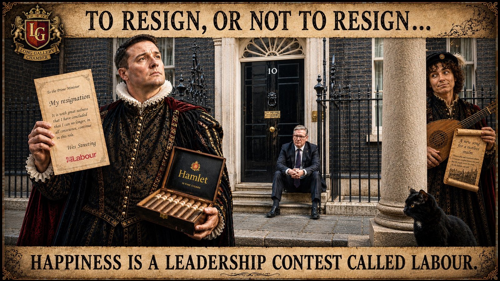 Wes Streeting stands in Elizabethan costume holding his resignation letter and a Hamlet cigar box, while Keir Starmer sits on the steps of Number 10 behind him. To one side, the Balladeer holds a lute and a scroll reading "A NEW SONG FOR A RESTLESS REALM." The Long Gallery Chamber crest appears at the upper left, and Tac watches from the lower right.