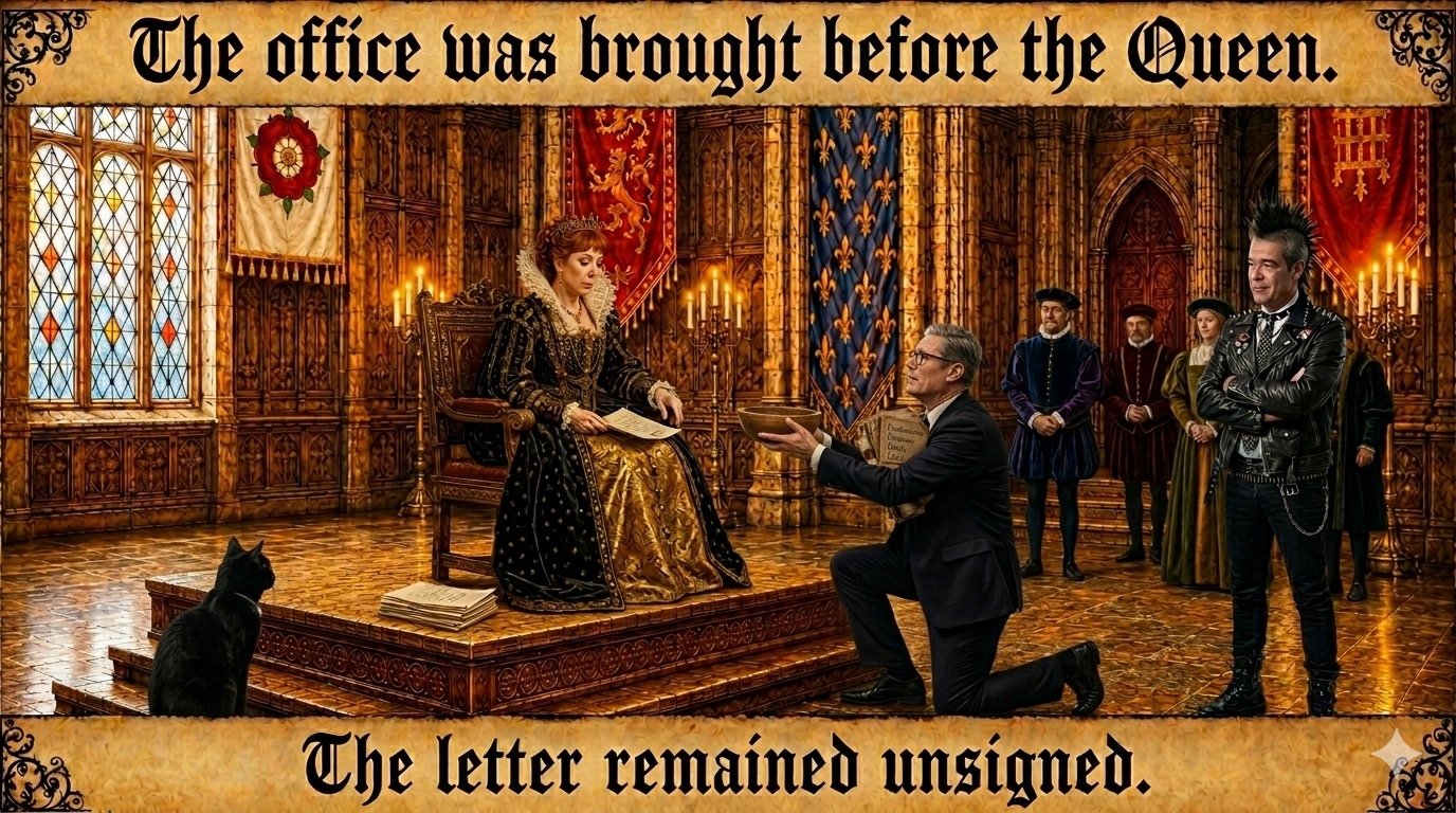 Top bar text: "The office was brought before the Queen." In the Long Gallery Chamber, Angela Rayner is presented as Elizabeth I seated on a throne. A suitor kneels at the foot of the platform offering a bowl. Punk Farage sits to the right with his arms folded and a satisfied expression, while Tac sits in the lower-left foreground and courtiers stand behind. Bottom bar text: "The letter remained unsigned."