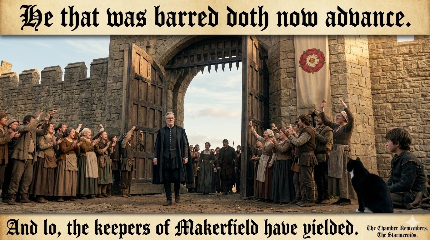 Top bar text: "He that was barred doth now advance." At a walled town gate in warm daylight, Andy Burnham arrives in the Bolingbroke role as townspeople gather to receive him cautiously but warmly. A Lancashire rose banner hangs nearby. Tac sits at ground level beside a young boy. Bottom bar text: "And lo, the keepers of Makerfield have yielded."