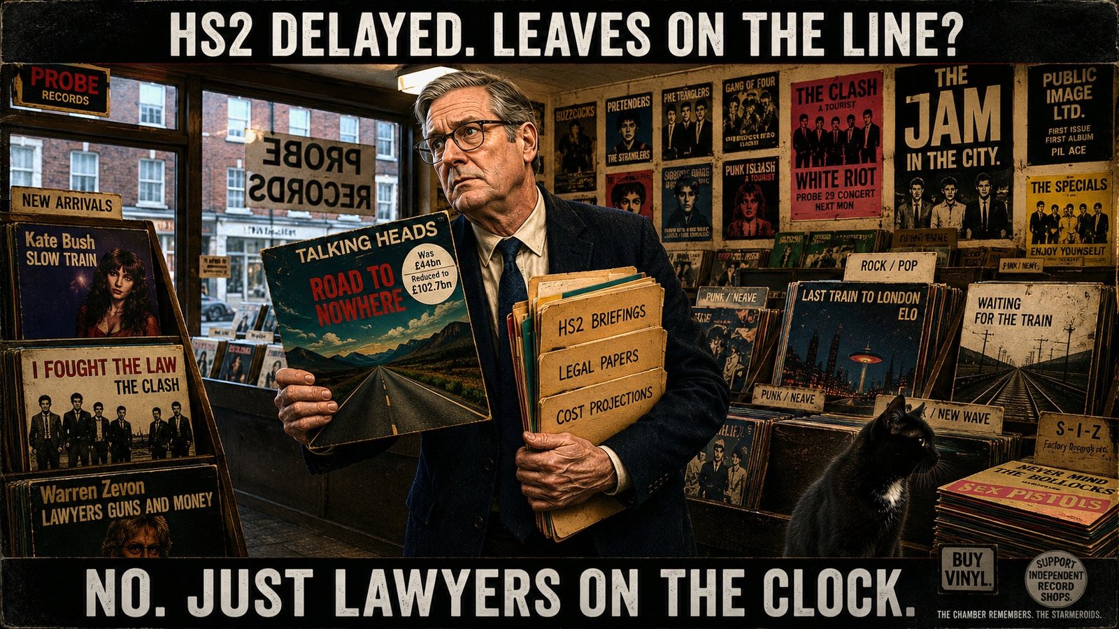 Top bar text: "HS2 DELAYED. LEAVES ON THE LINE?" Inside Probe Records in Liverpool, Keir Starmer holds Talking Heads' "Road to Nowhere". A price sticker on the sleeve reads "WAS £44BN - REDUCED TO £102.7BN". Under his arm are folders labelled HS2 BRIEFINGS, LEGAL PAPERS and COST PROJECTIONS. Nearby records include Kate Bush's "Slow Train", The Clash's "I Fought the Law", Warren Zevon's "Lawyers, Guns and Money" and ELO's "Last Train to London". Tac sits at floor level on the right looking toward "Never Mind the Bollocks, Here's the Sex Pistols". Bottom bar text: "NO. JUST LAWYERS ON THE CLOCK."