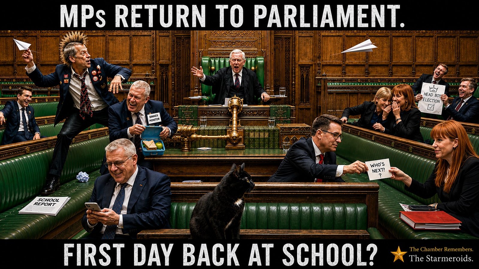 Top bar text: "MPs RETURN TO PARLIAMENT." The House of Commons chamber is in school-like chaos. Punk Farage stands on a bench throwing a paper aeroplane. Lee Anderson has a lunch box and a DINNER MONITOR badge. Wes Streeting passes a note reading WHO'S NEXT to Angela Rayner. A HEAD BOY ELECTION sign and a SCHOOL REPORT document are visible, with more paper aeroplanes flying through the chamber. The Speaker raises his hands for order and is ignored. Tac sits on the despatch box looking towards the chaos. Bottom bar text: "FIRST DAY BACK AT SCHOOL?" INTERNAL CHECKS - NOT PUBLIC ALT TEXT Meme 69: if the image is later upscaled to 4K, check and correct the naval-base name. Meme 62: if the image is later upscaled to 4K, correct the poster credit to Chamber Records where the visible image currently says The Chamber. Meme 61: the current archived image itself does not visibly show the recurring 11-day Scotland counter. Earlier review notes said the counter should be present. The public rewrite above follows the actual archived image and does not invent the counter. Meme 60: the archived image confirms the counter at 11 and the kettle/70-seconds speech bubbles. Meme 41-43: rewritten from the actual archived images because the earlier review text was too short and did not match the finished caption bars closely enough.