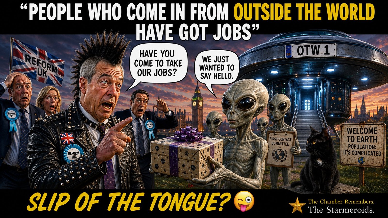 Top bar text: "PEOPLE WHO COME IN FROM OUTSIDE THE WORLD HAVE GOT JOBS" - with OUTSIDE THE WORLD highlighted in yellow. Punk Farage, in his punk leather jacket with Reform rosettes, points towards aliens emerging from a UFO while shocked Reform figures stand behind him. The aliens carry a gift marked TO EARTH WITH HELLO. The lead alien holds a sign reading FIRST CONTACT COMMITTEE and another carries WELCOME TO EARTH - POPULATION: IT'S COMPLICATED. The UFO carries the number plate OTW 1. Big Ben and Parliament appear in the background at sunset. Bottom bar text: "SLIP OF THE TONGUE?" followed by a winking tongue-out emoji.