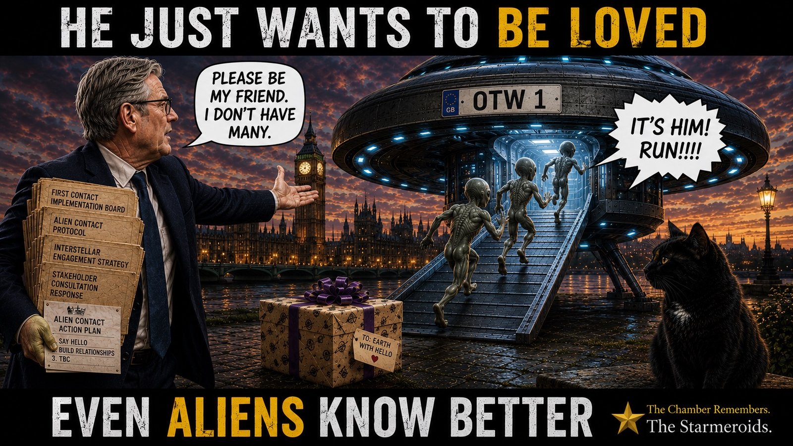 Top bar text: "HE JUST WANTS TO BE LOVED." On the Thames embankment at night, Keir Starmer reaches towards aliens who are retreating back up the ramp of their UFO. He holds folders labelled FIRST CONTACT IMPLEMENTATION BOARD, ALIEN CONTACT PROTOCOL, INTERSTELLAR ENGAGEMENT STRATEGY, STAKEHOLDER CONSULTATION RESPONSE and ALIEN CONTACT ACTION PLAN. The aliens have left behind a gift marked TO EARTH WITH HELLO. The UFO carries the number plate OTW 1, and Big Ben is visible in the background. Tac sits at the bottom right looking towards the fleeing aliens. Bottom bar text: "EVEN ALIENS KNOW BETTER."