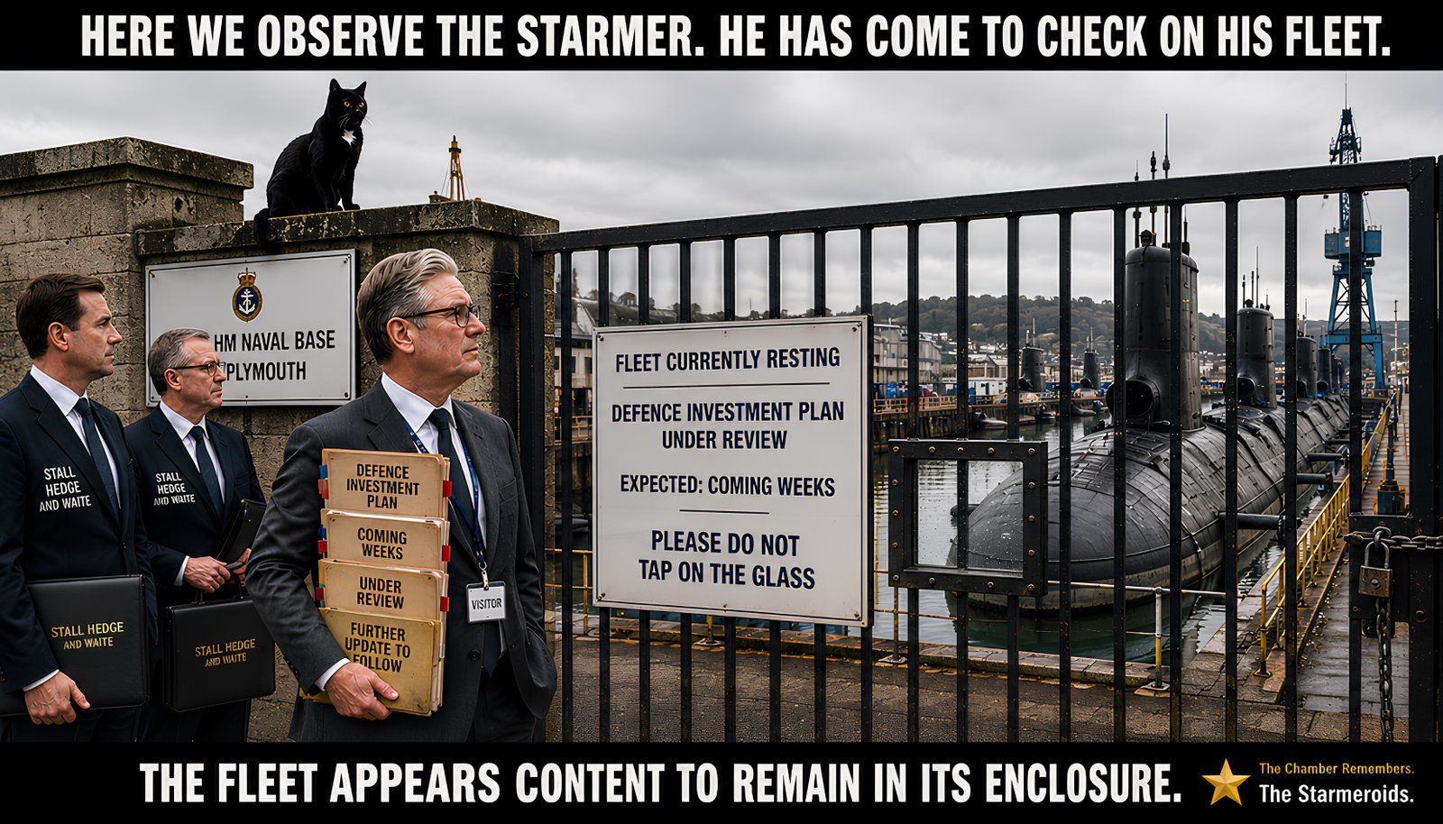 Top bar text: "HERE WE OBSERVE THE STARMER. HE HAS COME TO CHECK ON HIS FLEET." At the locked main gate of HM Naval Base Plymouth, Keir Starmer stands outside wearing a visitor lanyard and carrying folders labelled DEFENCE INVESTMENT PLAN, COMING WEEKS, UNDER REVIEW and FURTHER UPDATE TO FOLLOW. Two Stall Hedge and Waite solicitors stand behind him. A gate sign reads FLEET CURRENTLY RESTING, DEFENCE INVESTMENT PLAN UNDER REVIEW, EXPECTED COMING WEEKS, PLEASE DO NOT TAP ON THE GLASS. Through the bars, large submarines sit motionless like animals in an enclosure. Tac sits on top of the gatehouse looking towards them. Bottom bar text: "THE FLEET APPEARS CONTENT TO REMAIN IN ITS ENCLOSURE."