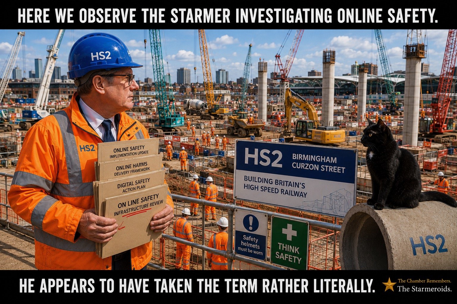 Top bar text: "HERE WE OBSERVE THE STARMER INVESTIGATING ONLINE SAFETY." At the HS2 construction site at Birmingham Curzon Street, Keir Starmer wears an HS2 hard hat and high-visibility jacket while holding folders labelled ONLINE SAFETY IMPLEMENTATION UPDATE, ONLINE HARMS DELIVERY FRAMEWORK, DIGITAL SAFETY ACTION PLAN and ON LINE SAFETY INFRASTRUCTURE REVIEW. On the last folder, ON LINE is split into two words and marked as a correction. An HS2 BIRMINGHAM CURZON STREET sign and cranes are visible behind him. Tac watches calmly from a nearby surface. Bottom bar text: "HE APPEARS TO HAVE TAKEN THE TERM RATHER LITERALLY."