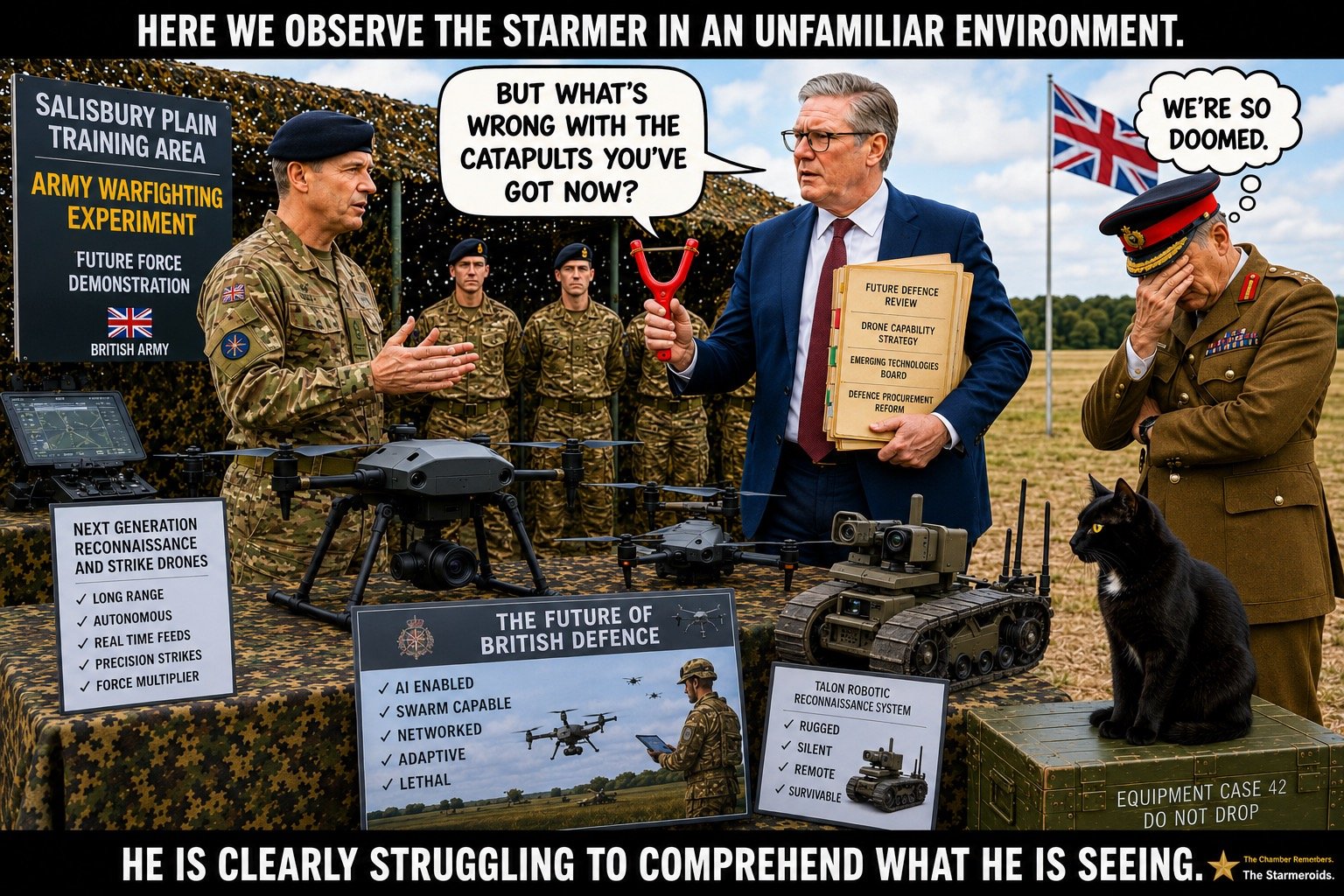 Top bar text: "HERE WE OBSERVE THE STARMER IN AN UNFAMILIAR ENVIRONMENT." At Salisbury Plain Training Area, Keir Starmer stands in a dark navy suit holding a bright red, old-fashioned child's catapult in one hand and four ministerial folders in the other. An Army officer briefs him while a senior general in dress uniform performs a full facepalm. Nearby displays show advanced reconnaissance drones and a robot ground vehicle. Bottom bar text: "HE IS CLEARLY STRUGGLING TO COMPREHEND WHAT HE IS SEEING."