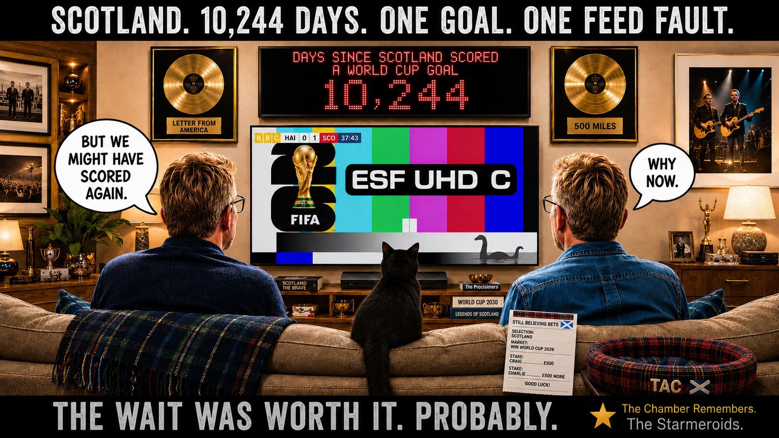 Top bar text: "SCOTLAND. 10,244 DAYS. ONE GOAL. ONE FEED FAULT." In the Scotland sofa room, Craig Reid sits on the left and Charlie Reid on the right, seen from behind with Tac between them. Craig says, "BUT WE MIGHT HAVE SCORED AGAIN." Charlie replies, "WHY NOW." The counter above the television reads DAYS SINCE SCOTLAND SCORED A WORLD CUP GOAL: 10,244. The television has lost the match feed and shows an ESF UHD C test card while the score bug still reads Haiti 0-1 Scotland at 37:43; a small Nessie appears on the test card. Letter From America and 500 Miles gold discs hang on the wall. A STILL BELIEVING BETS slip backs Scotland to win the 2026 World Cup, and an unused tartan TAC bed sits nearby. Bottom bar text: "THE WAIT WAS WORTH IT. PROBABLY."