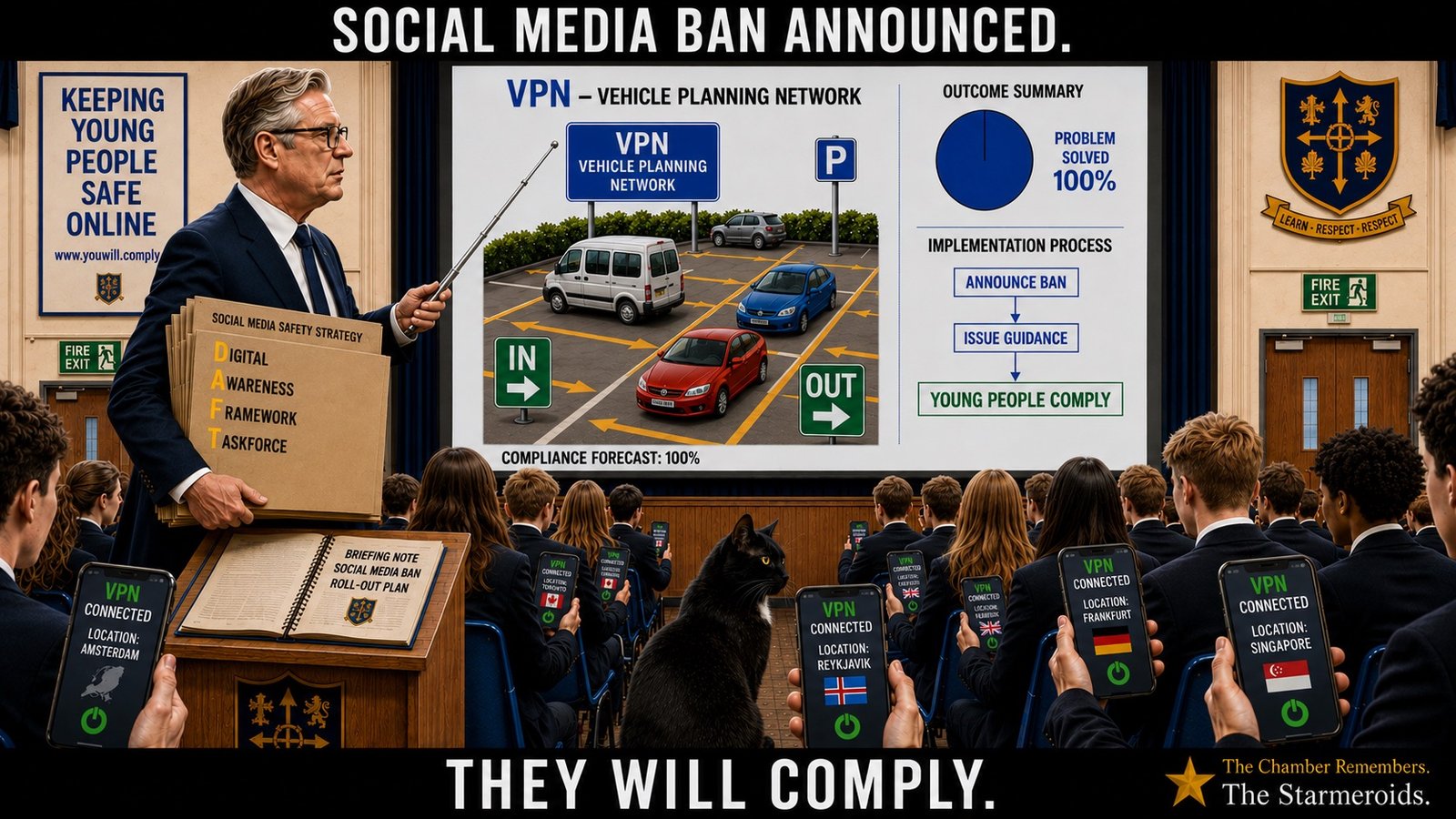 Top bar text: "SOCIAL MEDIA BAN ANNOUNCED." In a school assembly hall, Keir Starmer stands at the front pointing with an old-fashioned aerial at a presentation that defines VPN as VEHICLE PLANNING NETWORK. Other slides show a car-park diagram, a PROBLEM SOLVED 100% pie chart, a YOUNG PEOPLE COMPLY flowchart and COMPLIANCE FORECAST 100%. A folder reads DIGITAL AWARENESS FRAMEWORK TASKFORCE, with the initials D A F T highlighted, beside a SOCIAL MEDIA SAFETY STRATEGY folder. The students are all looking at phones showing VPN CONNECTED to international locations, including Reykjavik. Tac sits in the centre aisle. Bottom bar text: "THEY WILL COMPLY."