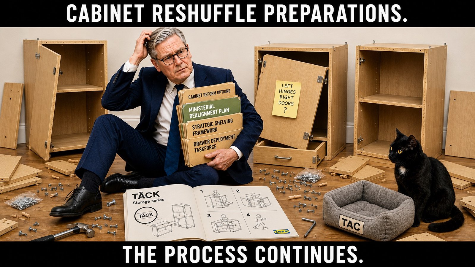 Top bar text: "CABINET RESHUFFLE PREPARATIONS." Keir Starmer sits on the floor in a navy suit surrounded by flat-pack cabinet boards, dowels, screws, an Allen key and a hammer. He scratches his head while studying a TACK Storage Series instruction manual. Around him are three partly assembled, visibly wonky cabinets, including one with a door hanging incorrectly and another with an open drawer. His folders read CABINET REFORM OPTIONS, MINISTERIAL REALIGNMENT PLAN, STRATEGIC SHELVING FRAMEWORK and DRAWER DEPLOYMENT TASKFORCE. A sticky note on one cabinet reads LEFT HINGES RIGHT DOORS? Tac sits at the bottom right watching the confusion, ignoring a nearby TAC bed. Bottom bar text: "THE PROCESS CONTINUES."