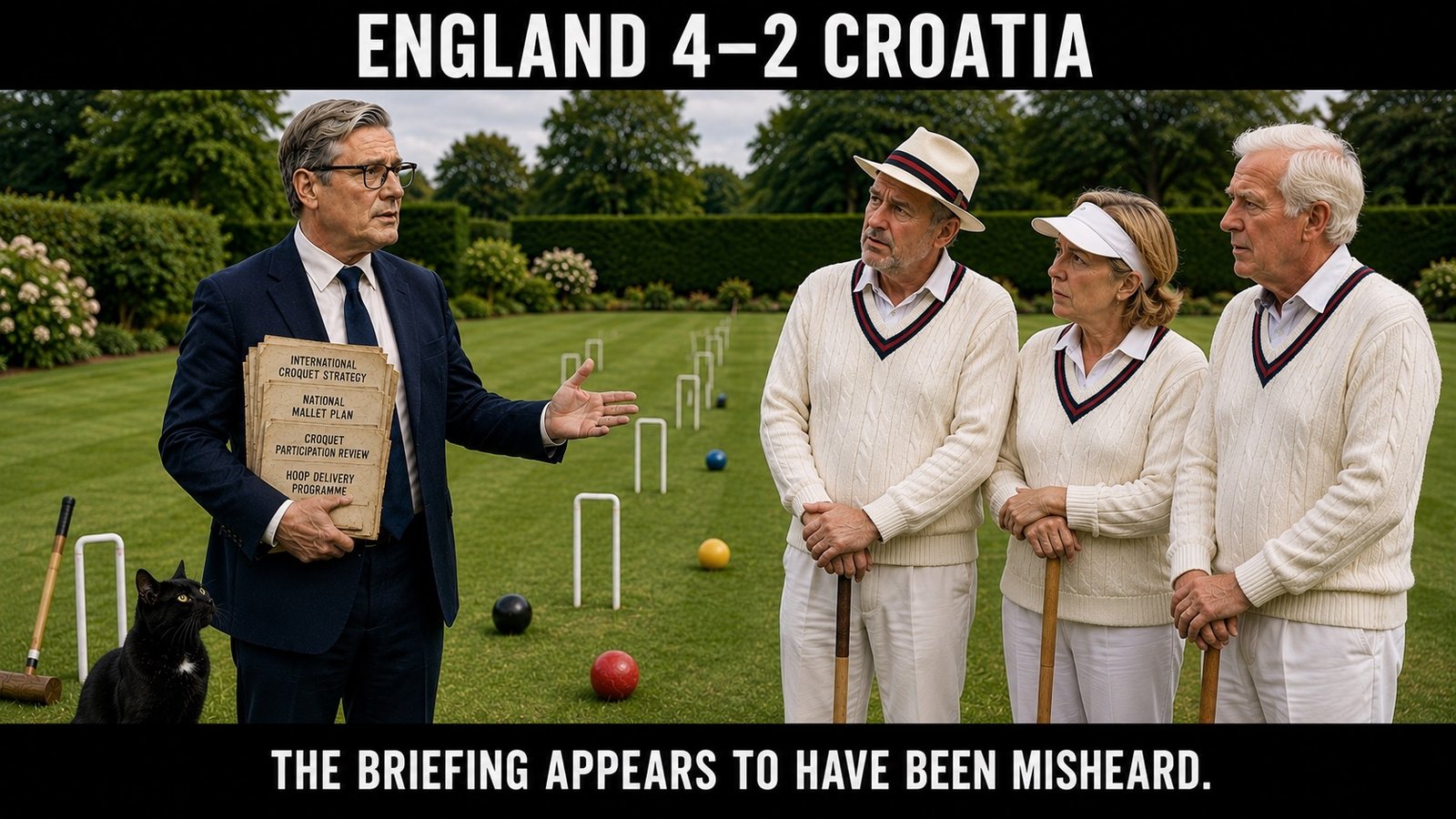 Top bar text: "ENGLAND 4-2 CROATIA." On a genuine croquet lawn, Keir Starmer stands at the left in a navy suit, addressing three baffled croquet players who lean on their mallets. He carries folders labelled INTERNATIONAL CROQUET STRATEGY, NATIONAL MALLET PLAN, CROQUET PARTICIPATION REVIEW and HOOP DELIVERY PROGRAMME. Hoops, mallets and coloured balls are spread across the lawn, with no football in sight. Tac sits at the bottom left beside a hoop, looking up towards Keir Starmer. Bottom bar text: "THE BRIEFING APPEARS TO HAVE BEEN MISHEARD."