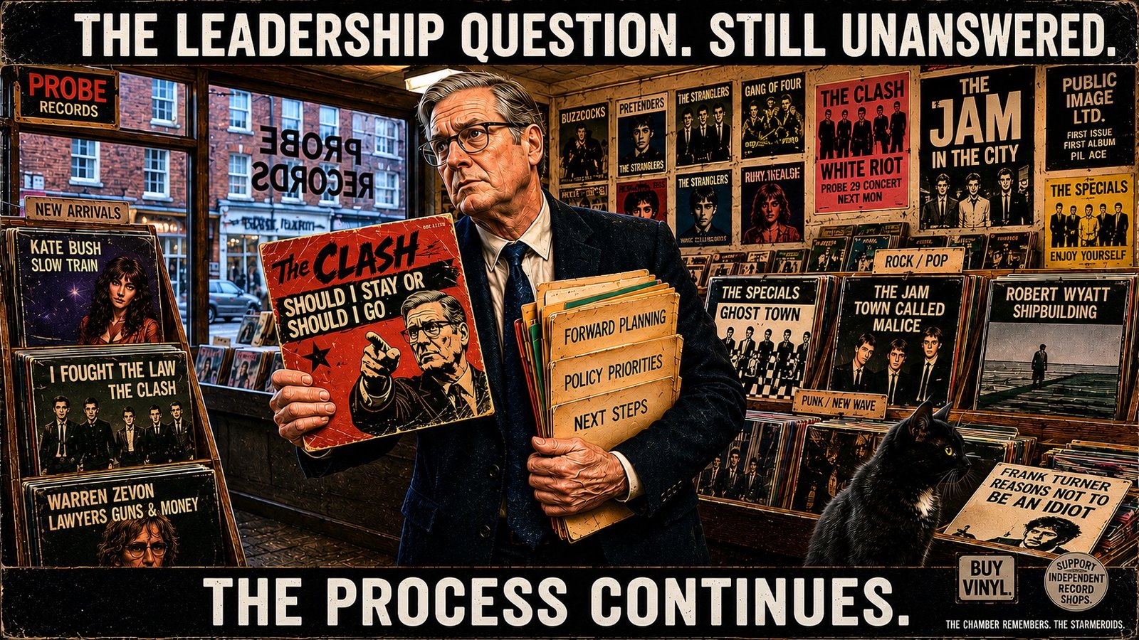 Top bar text: "THE LEADERSHIP QUESTION. STILL UNANSWERED." In Probe Records, Keir Starmer stands among the record racks holding The Clash's 1982 single Should I Stay or Should I Go and looking down at its sleeve. The shop's political-record display surrounds him, turning the unresolved leadership question into a literal record choice. Tac sits nearby looking at Frank Turner's Reasons Not to Be an Idiot rather than at Keir Starmer. Bottom bar text: "THE PROCESS CONTINUES."