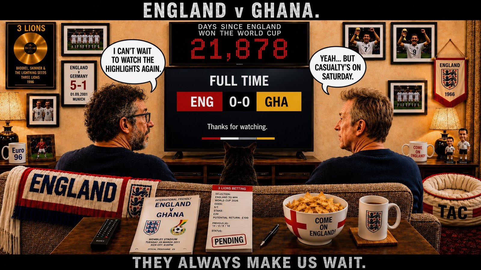 Top bar text: "ENGLAND v GHANA." In the England sofa room, David Baddiel sits on the left and Frank Skinner on the right watching the television. Baddiel says, "I CAN'T WAIT TO WATCH THE HIGHLIGHTS AGAIN." Skinner replies, "YEAH... BUT CASUALTY'S ON SATURDAY," a joke about how physical and injury-filled the match had been. The television shows full time, England 0-0 Ghana. The counter reads DAYS SINCE ENGLAND WON THE WORLD CUP: 21,878. A programme is for the previous England v Ghana match at Wembley on 29 March 2011. Tac remains with the recurring England room props. Bottom bar text: "THEY ALWAYS MAKE US WAIT."
