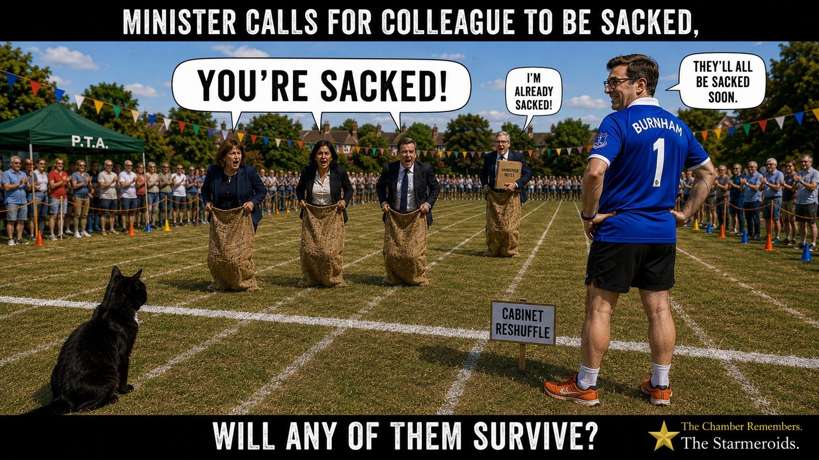Top bar text: "MINISTER CALLS FOR COLLEAGUE TO BE SACKED." At a school sports-day sack race, cabinet ministers in sacks shout, "YOU'RE SACKED!" at one another. Keir Starmer stands at the rear and shouts, "I'M SACKED!" Andy Burnham, wearing an Everton shirt, stands to one side with his hands on his hips watching. A crowd watches beside a tent marked P.T.A., and a sign reads CABINET RESHUFFLE. Tac watches from the grass. Bottom bar text: "WILL ANY OF THEM SURVIVE?"