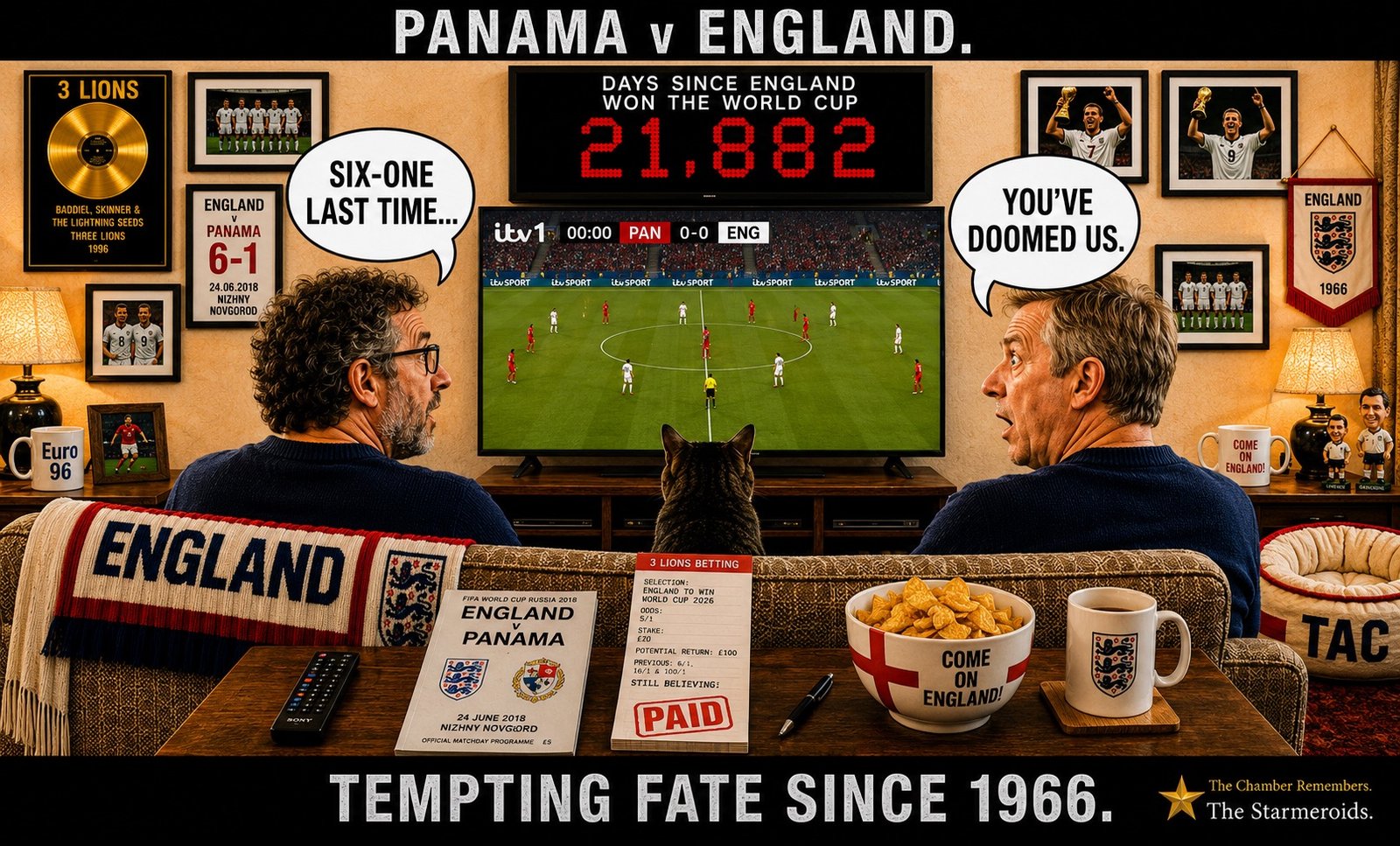 Top bar text: "PANAMA v ENGLAND." In the England sofa room before kick-off, David Baddiel sits on the left and Frank Skinner on the right watching the television. Baddiel says, "SIX-ONE LAST TIME..." Skinner replies, "YOU'VE DOOMED US." The television shows the ITV1 pre-match build-up with Panama 0-0 England. The counter reads DAYS SINCE ENGLAND WON THE WORLD CUP: 21,882. A programme is for England v Panama at the 2018 World Cup in Nizhny Novgorod, and the STILL BELIEVING betting slip records previous 6/1 and 100/1 bets. Tac remains in the room with the recurring England memorabilia. Bottom bar text: "TEMPTING FATE SINCE 1966."