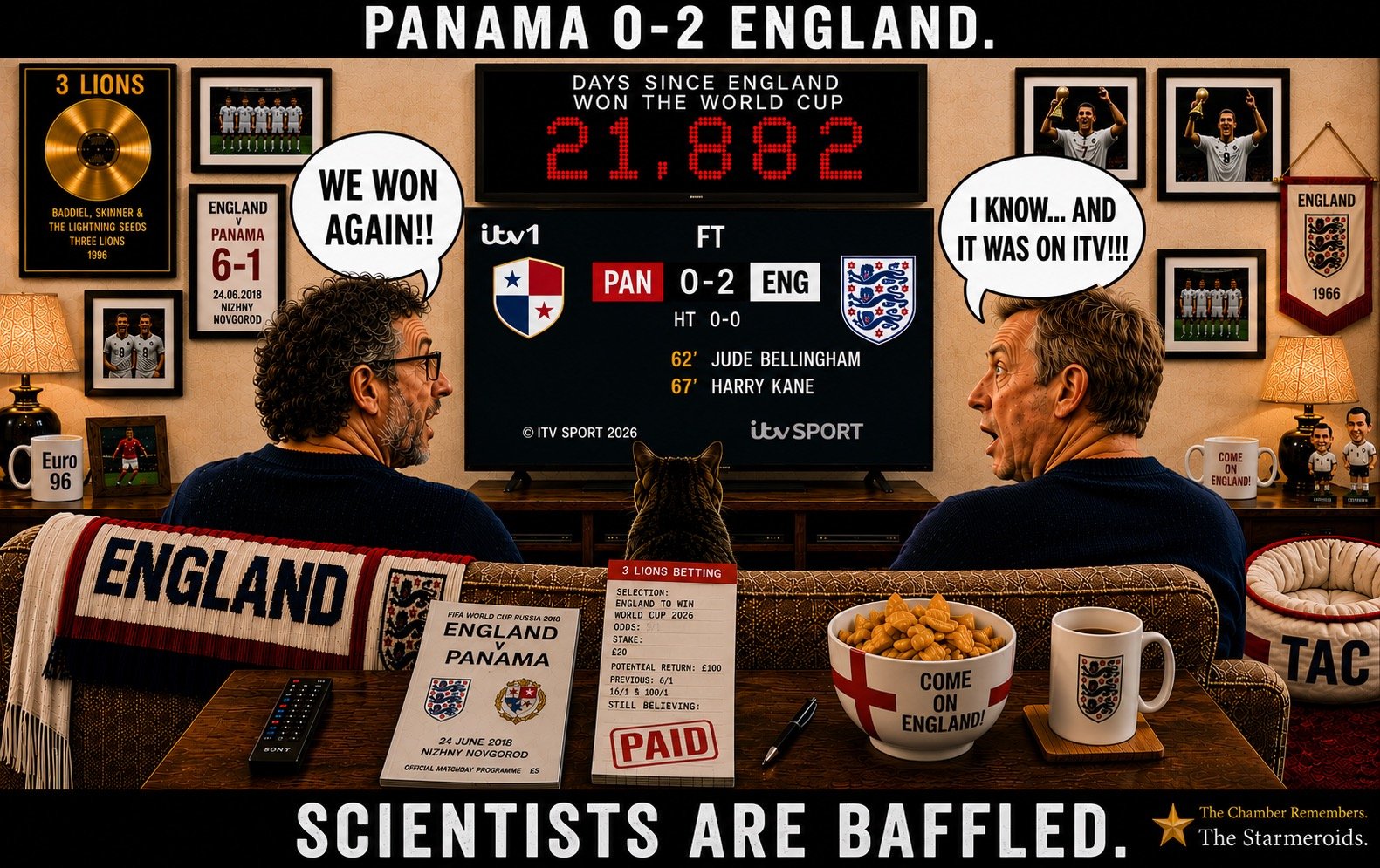 Top bar text: "PANAMA 0-2 ENGLAND." In the England sofa room, David Baddiel sits on the left and Frank Skinner on the right facing the television. Baddiel says, "WE WON AGAIN!!" Skinner replies, "I KNOW... AND IT WAS ON ITV!!!" The television shows full time, Panama 0-2 England, with second-half goals from Jude Bellingham and Harry Kane. The counter reads DAYS SINCE ENGLAND WON THE WORLD CUP: 21,882. The room contains the recurring England memorabilia, a 2018 England v Panama programme, a STILL BELIEVING betting slip stamped PAID, a COME ON ENGLAND bowl and Tac sitting between the two men facing the screen. Bottom bar text: "SCIENTISTS ARE BAFFLED."