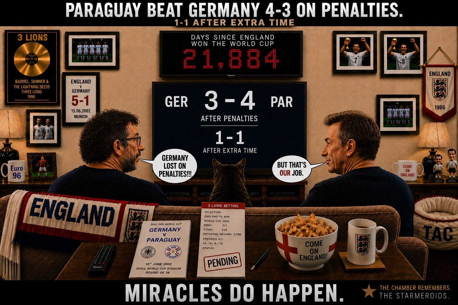 Top bar text: "PARAGUAY BEAT GERMANY 4-3 ON PENALTIES." In the England sofa room, David Baddiel sits on the left and Frank Skinner on the right watching the television. Baddiel says, "GERMANY LOST ON PENALTIES!!!" Skinner replies, "BUT THAT'S OUR JOB." The television shows Germany 3-4 Paraguay on penalties after a 1-1 draw following extra time. The counter reads DAYS SINCE ENGLAND WON THE WORLD CUP: 21,884. The programme is for Germany v Paraguay in the 2002 World Cup Round of 16 at Seoul World Cup Stadium. The usual England room props remain in place, including the STILL BELIEVING betting slip and Tac. Bottom bar text: "MIRACLES DO HAPPEN."