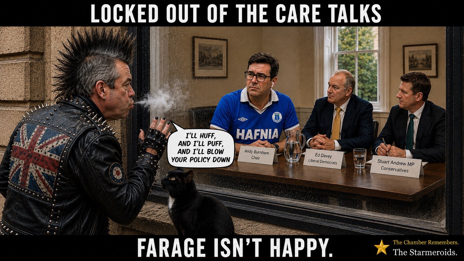 Top bar text: "LOCKED OUT OF THE CARE TALKS." Punk Farage stands outside the window of a formal care-policy meeting in a studded leather jacket, cheeks puffed as he blows hot air toward the people inside. His speech bubble says, "I'LL HUFF, AND I'LL PUFF, AND I'LL BLOW YOUR POLICY DOWN." At the table are Andy Burnham, chairing in his blue Hafnia Everton shirt, Ed Davey for the Liberal Democrats, and Stuart Andrew MP for the Conservatives, each identified by a nameplate. Tac sits below the window looking up toward Punk Farage. Bottom bar text: "FARAGE ISN'T HAPPY."
