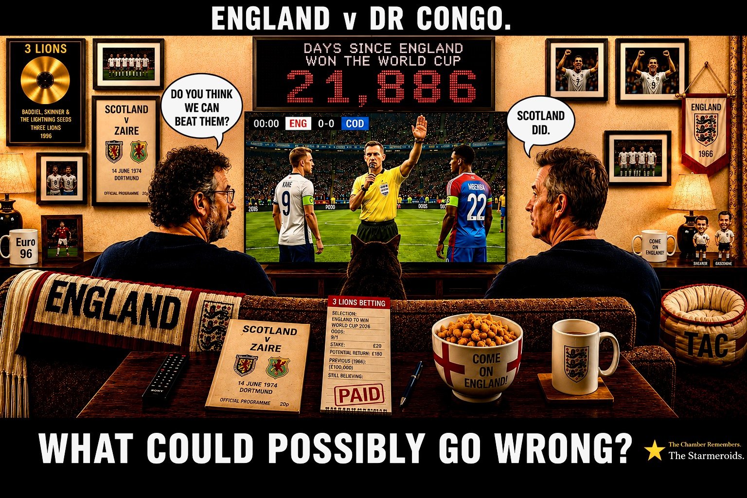 Top bar text: "ENGLAND v DR CONGO." In the established England sofa room, two supporters watch the pre-match television coverage against DR Congo. The screen shows the teams and referee preparing for the match. The room contains the recurring football memorabilia and props, including the England throw, match programme, paperwork marked PAID, a bowl reading "COME ON ENGLAND" and a Tac cushion or label at the side. One supporter says, "NO ONE THINKS WE CAN BEAT THEM." The other replies, "SCOTLAND DID." Bottom bar text: "WHAT COULD POSSIBLY GO WRONG?"