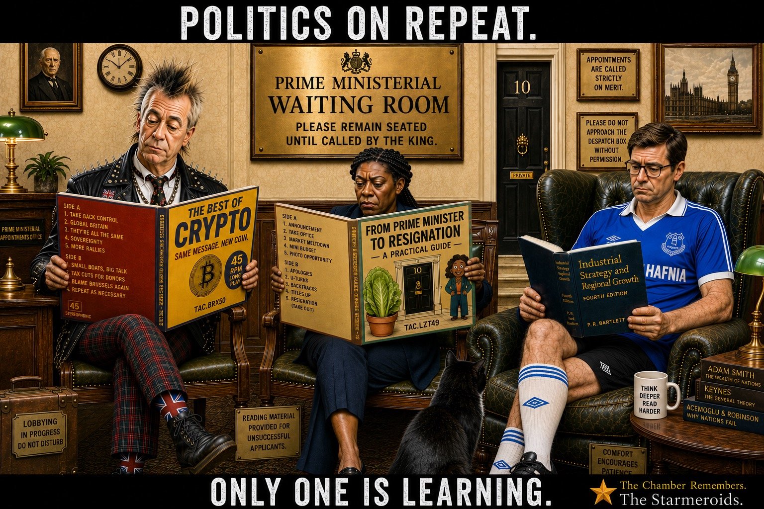 Top bar text: "POLITICS ON REPEAT." In the Prime Ministerial Waiting Room outside Number 10, Punk Farage, Kemi Badenoch and Andy Burnham sit reading. Farage reads a Chamber Records-style sleeve titled "THE BEST OF CRYPTO - SAME MESSAGE, NEW COIN", whose track list includes "TAKE BACK CONTROL", "GLOBAL BRITAIN", "THEY'RE ALL THE SAME" and "MORE RALLIES". Badenoch reads another sleeve titled "FROM PRIME MINISTER TO RESIGNATION - A PRACTICAL GUIDE", with tracks including "ANNOUNCEMENT", "TAKE OFFICE" , "MARKET MELTDOWN", "MINI BUDGET" , "PHOTO OPPORTUNITY", "APOLOGIES" , "U-TURNS", "BACKTRACKS", "TILLES UP" and "RESIGNATION (TAKE OUT)". Burnham, wearing his blue Hafnia Everton shirt, is the only one reading a real textbook: "Industrial Strategy and Regional Growth, Fourth Edition" by P. R. Bartlett. Tac sits between Badenoch and Burnham. Bottom bar text: "ONLY ONE IS LEARNING."