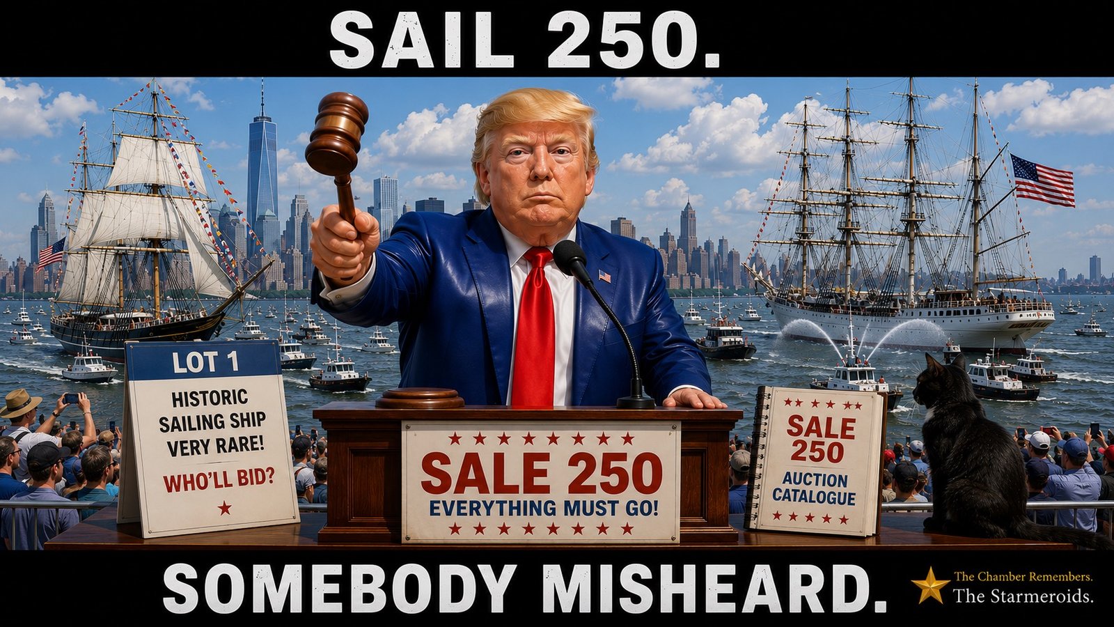Top bar text: "SAIL 250." In New York Harbor, Damn Turd Plop stands as an auctioneer at a podium in front of tall sailing ships, with the Manhattan skyline behind him. He raises a gavel beside signs reading "LOT 1 - HISTORIC SAILING SHIP - VERY RARE! - WHO'LL BID?", "SALE 250 - EVERYTHING MUST GO!" and "SALE 250 - AUCTION CATALOGUE". Tac sits beside the podium looking toward the auction. Bottom bar text: "SOMEBODY MISHEARD."