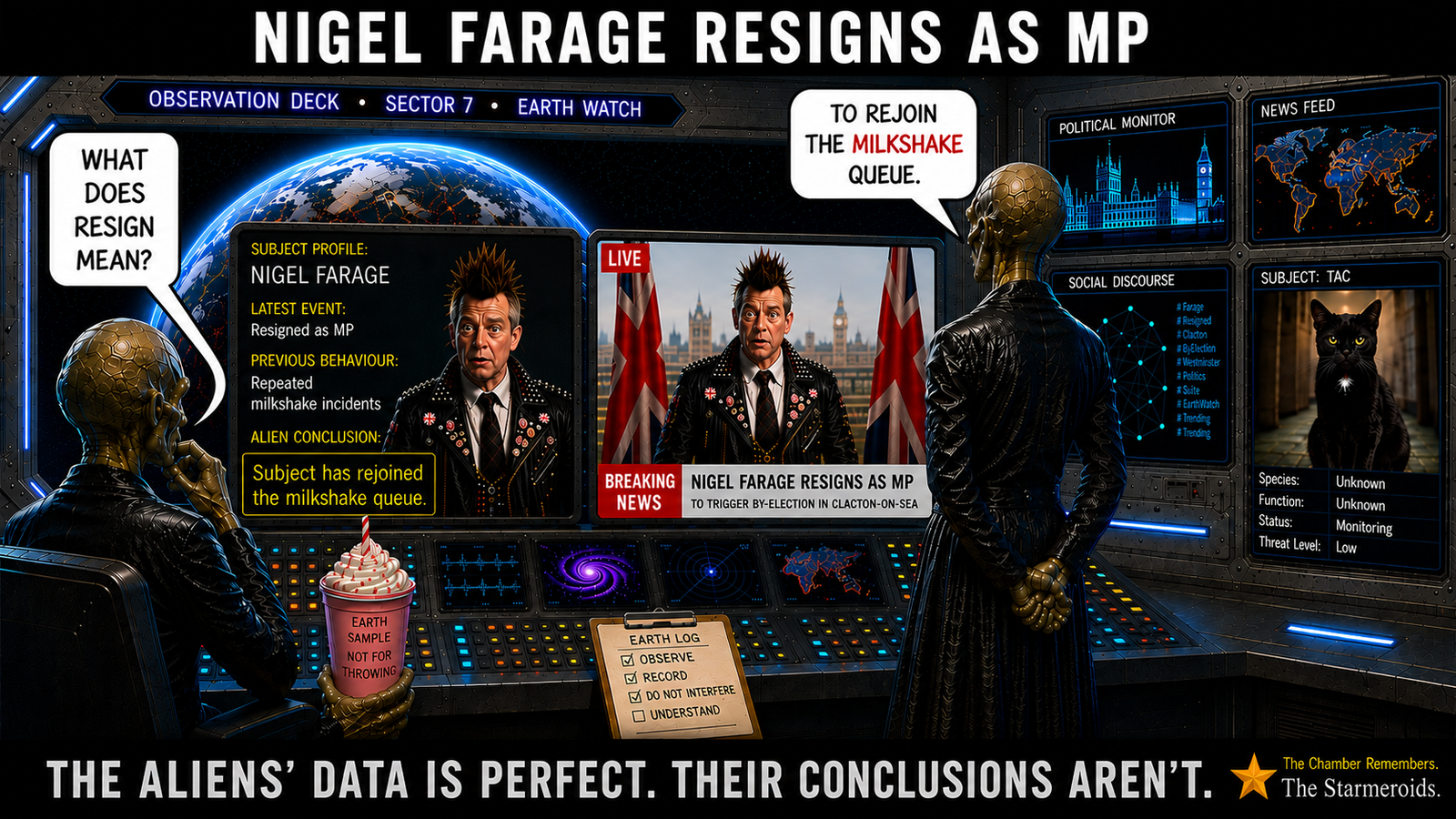 Top bar text: "NIGEL FARAGE RESIGNS AS MP." In a futuristic alien observation room labelled "OBSERVATION DECK - SECTOR 7 - EARTH WATCH", alien figures study screens showing Nigel Farage and breaking-news coverage of his resignation. One alien asks, "WHO DOES RESIGNING MEAN?" Another replies, "TO REJOIN THE MILKSHAKE QUEUE." Bottom bar text: "THE ALIENS' DATA IS PERFECT. THEIR CONCLUSIONS AREN'T."
