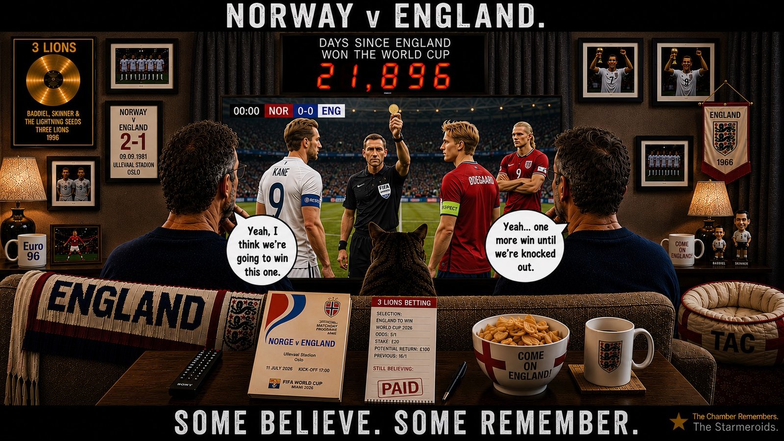 Top bar text: "NORWAY v ENGLAND." In the established England sofa room, two supporters watch the pre-match television coverage against Norway. England and Norway players and a referee are visible on screen, with the recurring match-day props around the room. One supporter says, "Yeah, I think we are going to win this one." The other replies, "The one where we weren't knocked out." Bottom bar text: "SOME BELIEVE. SOME REMEMBER."
