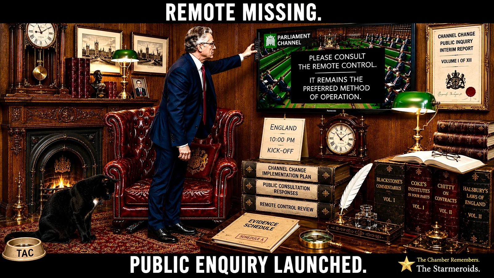 Top bar text: "REMOTE MISSING." In an ornate office, Keir Starmer stands beside a large television holding a remote control and pointing it toward the screen. The television displays an official-looking message headed "PRIME MINISTER" telling viewers to consult the remote control if it remains with the preferred operator option. A noticeboard beside the television is filled with labels and instructions, and Tac sits on the floor near the fireplace looking toward the scene. Bottom bar text: "PUBLIC ENQUIRY LAUNCHED."