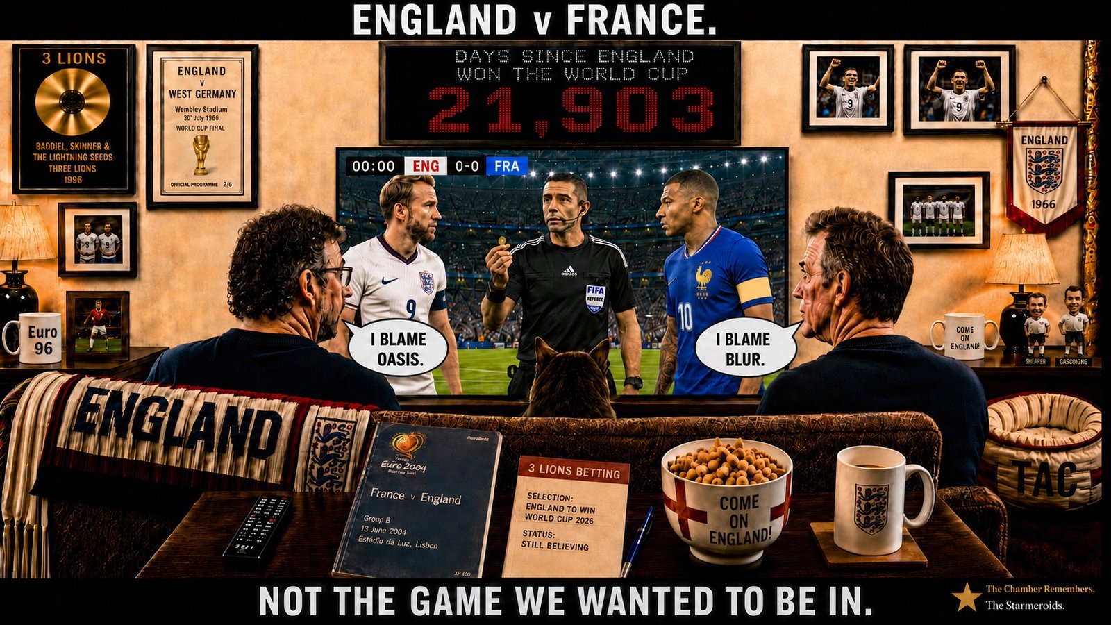 Top bar text: "ENGLAND v FRANCE." In the established England sofa room, two England supporters watch the television before the third-place playoff against France. The screen shows England and France players and the match build-up. The table carries the recurring football props, including a France v England programme, a betting slip and the "COME ON ENGLAND" bowl. On screen, two players say, "I BLAME OASIS." and "I BLAME BLUR." Bottom bar text: "NOT THE GAME WE WANTED TO BE IN."