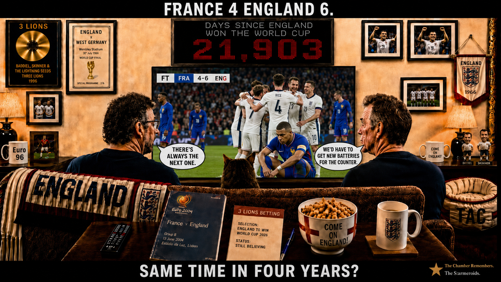 Top bar text: "FRANCE 4 ENGLAND 6." In the established England sofa room, two England supporters sit facing a television showing England players celebrating after a 6-4 win over France in the third-place playoff. The room is filled with recurring football memorabilia and match props, including the England throw, the "COME ON ENGLAND" bowl and a historical France v England programme on the table. Speech bubbles say, "Where's the next one" and "We're sure it has something to do with us." Bottom bar text: "SAME TIME IN FOUR YEARS?"