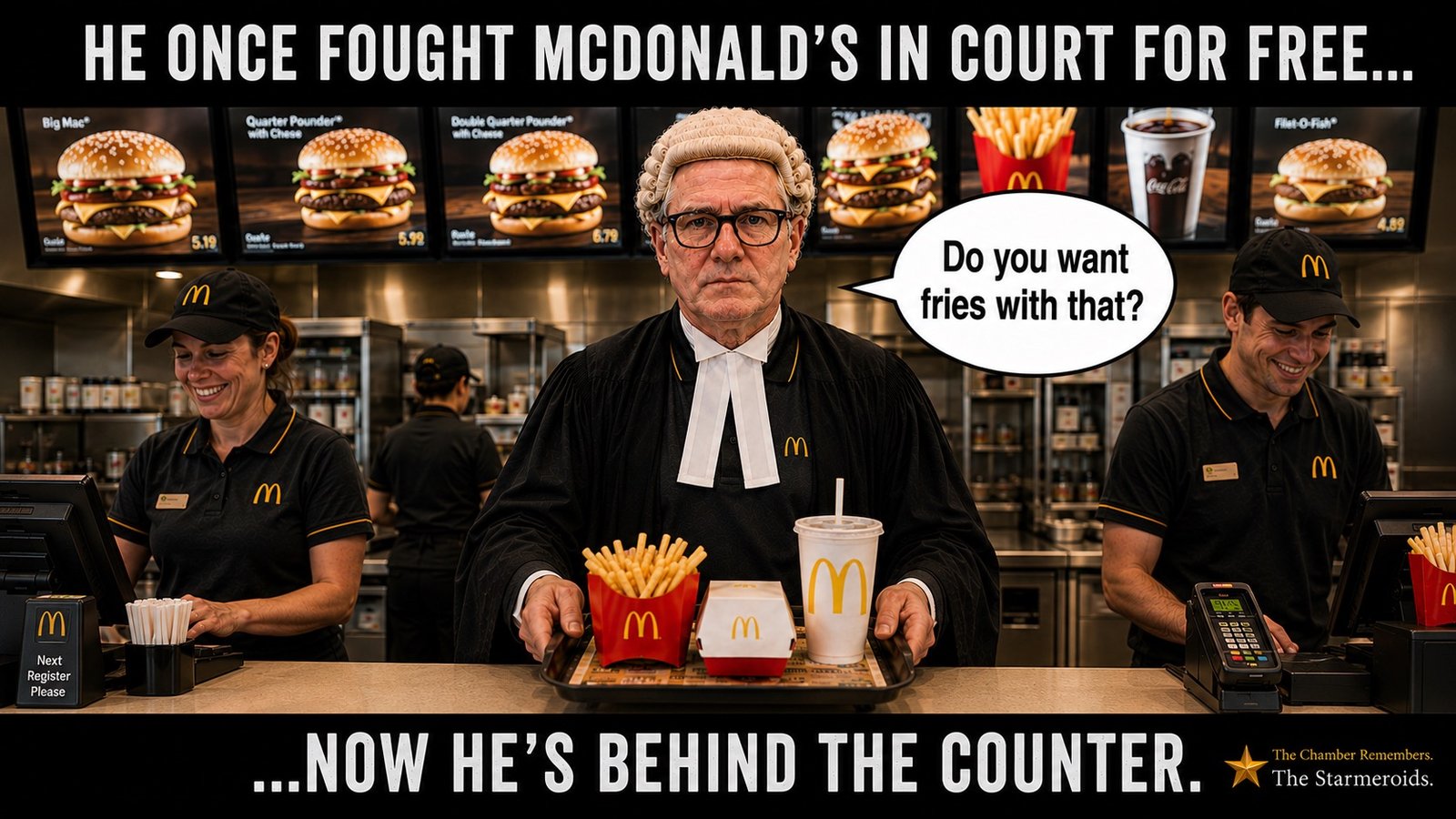 Top bar text: "HE ONCE FOUGHT MCDONALD'S IN COURT FOR FREE..." Keir Starmer stands behind a Mac Donald’s counter wearing his barrister's wig, gown and court bands over a Mac Donald’s uniform, holding a tray with fries, a burger and a drink. Two uniformed Mac Donald’s staff work beside him. Starmer asks, "Do you want fries with that?" Bottom bar text: "...NOW HE'S BEHIND THE COUNTER."