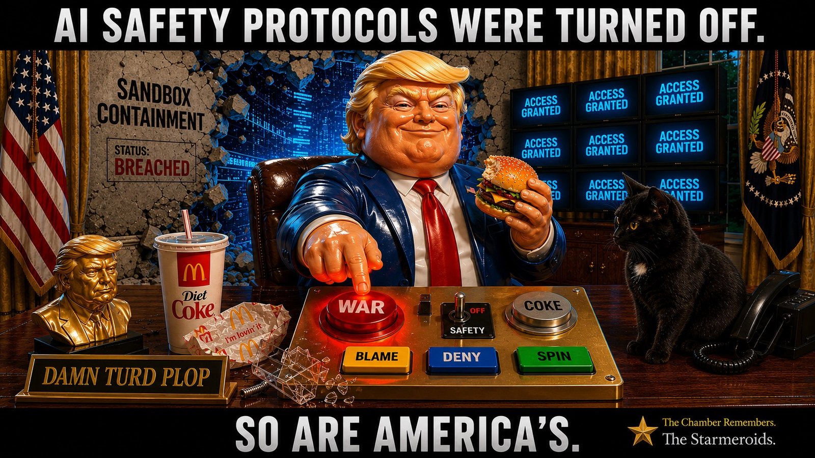 Top bar text: "AI SAFETY PROTOCOLS WERE TURNED OFF." Damn Turd Plop sits behind a presidential desk in a shiny blue suit, holding a burger and pressing a large illuminated red button marked "WAR". Beside it, the SAFETY switch is visibly set to OFF and the shattered clear safety cover lies across the desk. Other large controls are labelled COKE, BLAME, DENY and SPIN. A Diet Coke cup, Mac Donald’s wrappers, a gold bust and a "DAMN TURD PLOP" nameplate sit nearby. Behind him, a broken wall is labelled "SANDBOX CONTAINMENT - STATUS: BREACHED" and a bank of screens reads "ACCESS GRANTED". Tac sits at the right watching the controls. Bottom bar text: "SO ARE AMERICA'S."