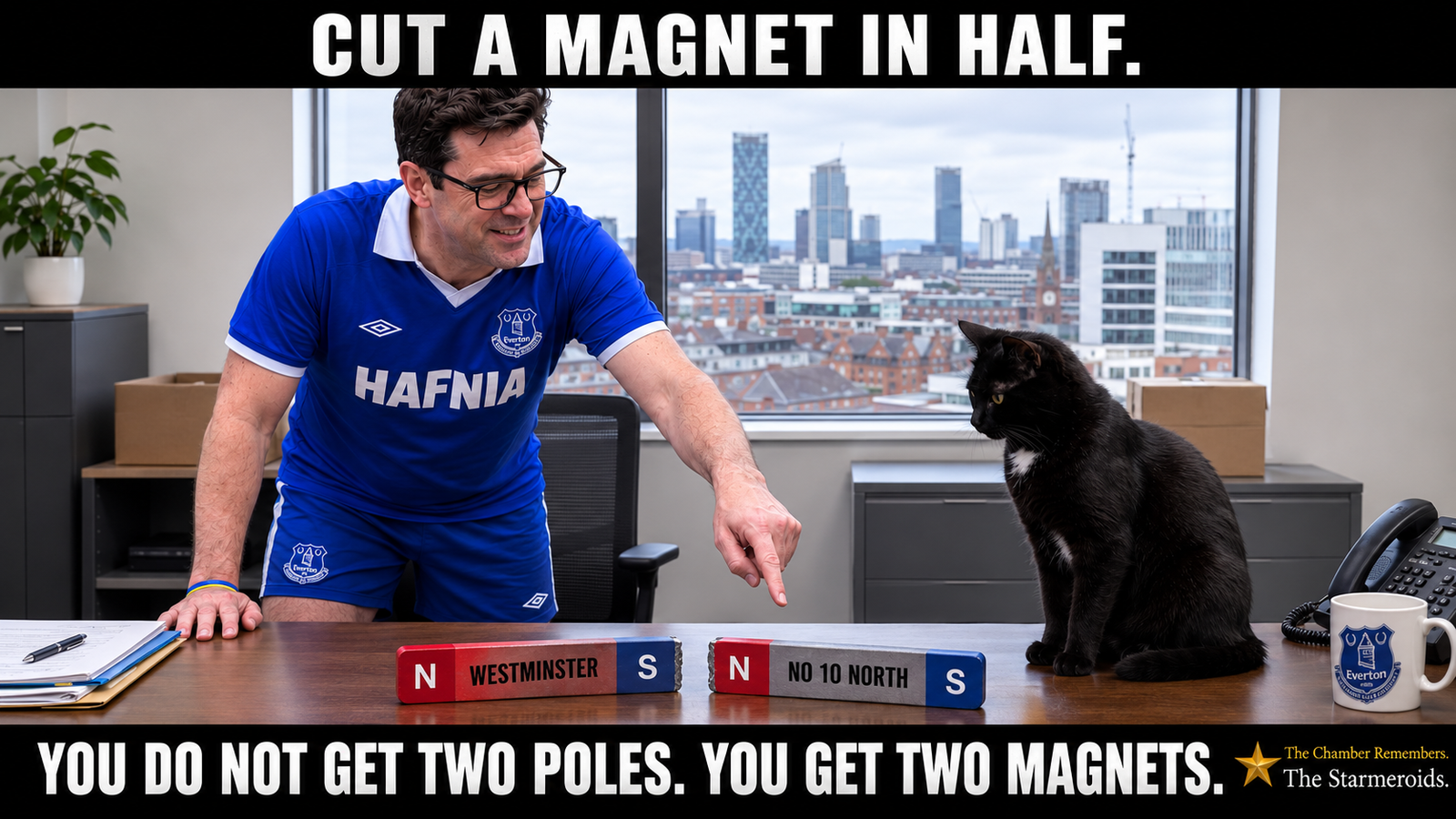 Top bar text: "CUT A MAGNET IN HALF." Inside No 10 North, Andy Burnham, wearing his blue retro Hafnia Everton shirt and black glasses, leans over a desk and points to two separated bar magnets. The first is labelled "WESTMINSTER" and the second "NO 10 NORTH"; each half has its own north and south pole. Tac sits on the desk looking toward the magnets. Bottom bar text: "YOU DO NOT GET TWO POLES. YOU GET TWO MAGNETS."