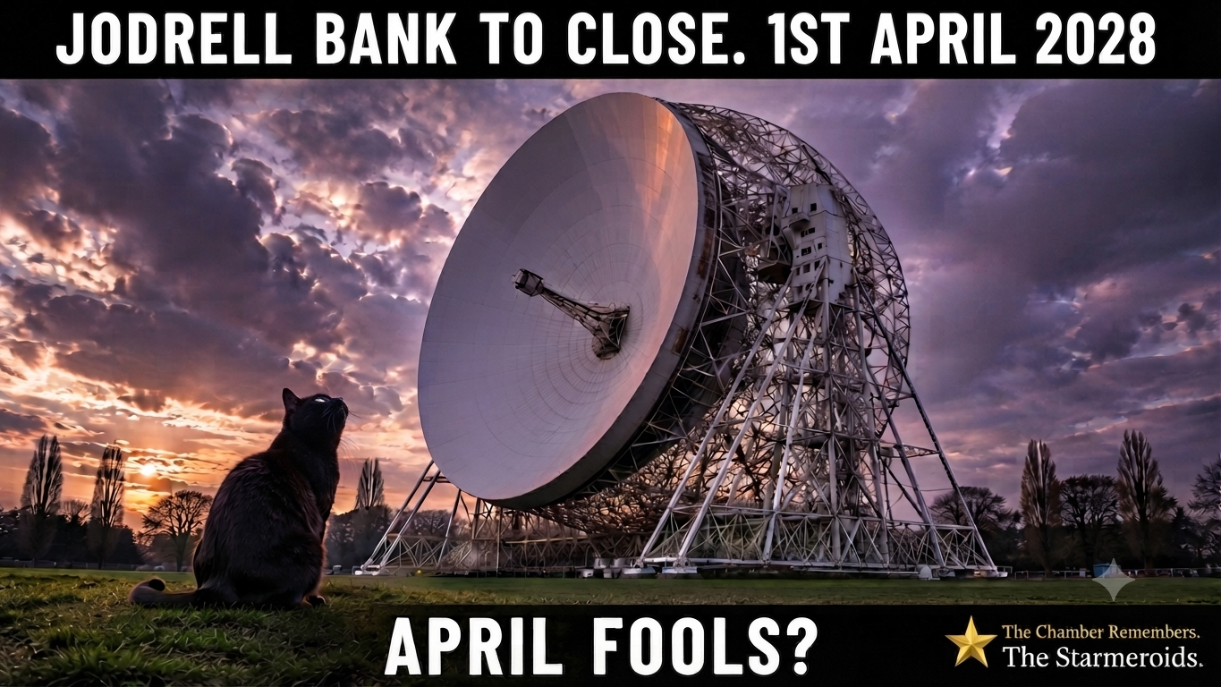 Top bar text: "JODRELL BANK TO CLOSE. 1ST APRIL 2028." At dusk beneath a dramatic sky, the huge Lovell Telescope at Jodrell Bank dominates the scene. Tac sits in the grass in the foreground looking toward the radio dish. Bottom bar text: "APRIL FOOLS?"