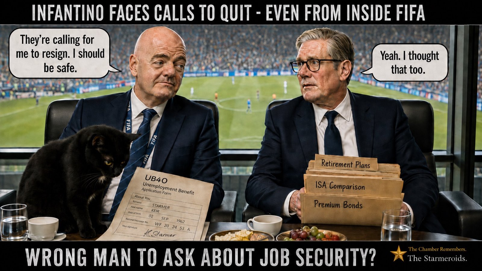 A VIP box overlooking a football match. Gianni Infantino and Keir Starmer sit side by side at a table. In front of them is a large UB40 “Unemployment Benefit Application Form” filled in for Starmer; the National Insurance number reads “WF 20 24 53 A”. Starmer also holds folders labelled “Retirement Plans”, “ISA Comparison” and “Premium Bonds”. Tac stands beside the form looking down toward the paperwork. Cups, glasses and food sit on the table. Top bar text: INFANTINO FACES CALLS TO QUIT - EVEN FROM INSIDE FIFA Speech bubble text: “They're calling for me to resign. I should be safe.” “Yeah. I thought that too.” Bottom bar text: WRONG MAN TO ASK ABOUT JOB SECURITY?