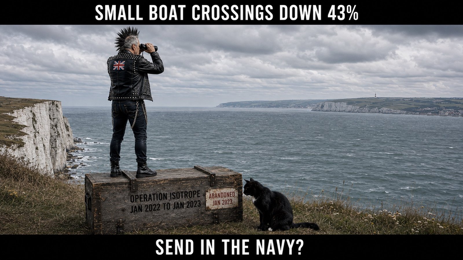 A windswept white-cliff coastline beneath heavy grey clouds. Punk Farage, seen from behind in a studded black leather jacket, stands on top of a large weathered wooden crate and scans the English Channel through binoculars. The crate is marked “OPERATION ISOTROPE. JAN 2022 TO JAN 2023” and carries a separate notice reading “ABANDONED JAN 2023”. Tac sits beside the crate looking toward it and Punk Farage. Top bar text: SMALL BOAT CROSSINGS DOWN 43% Bottom bar text: SEND IN THE NAVY?