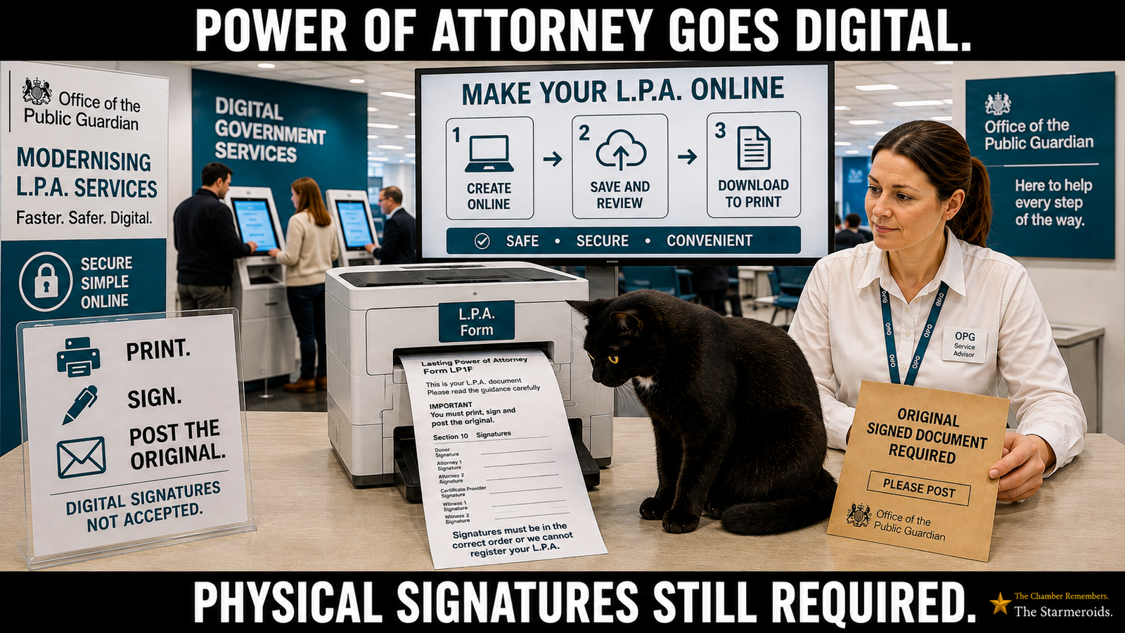 A bright Office of the Public Guardian service centre presented as highly digital. Signs promote “MODERNISING L.P.A. SERVICES”, “DIGITAL GOVERNMENT SERVICES” and “MAKE YOUR L.P.A. ONLINE”. A three-step panel shows “CREATE ONLINE”, “SAVE AND REVIEW” and “DOWNLOAD TO PRINT”. In the foreground, a printer produces a Lasting Power of Attorney form while another sign instructs: “PRINT. SIGN. POST THE ORIGINAL.” and says digital signatures are not accepted. A staff member holds a large envelope marked “ORIGINAL SIGNED DOCUMENT REQUIRED”. Tac sits between the printer and staff member, looking toward the printed form. Top bar text: POWER OF ATTORNEY GOES DIGITAL. Bottom bar text: PHYSICAL SIGNATURES STILL REQUIRED.