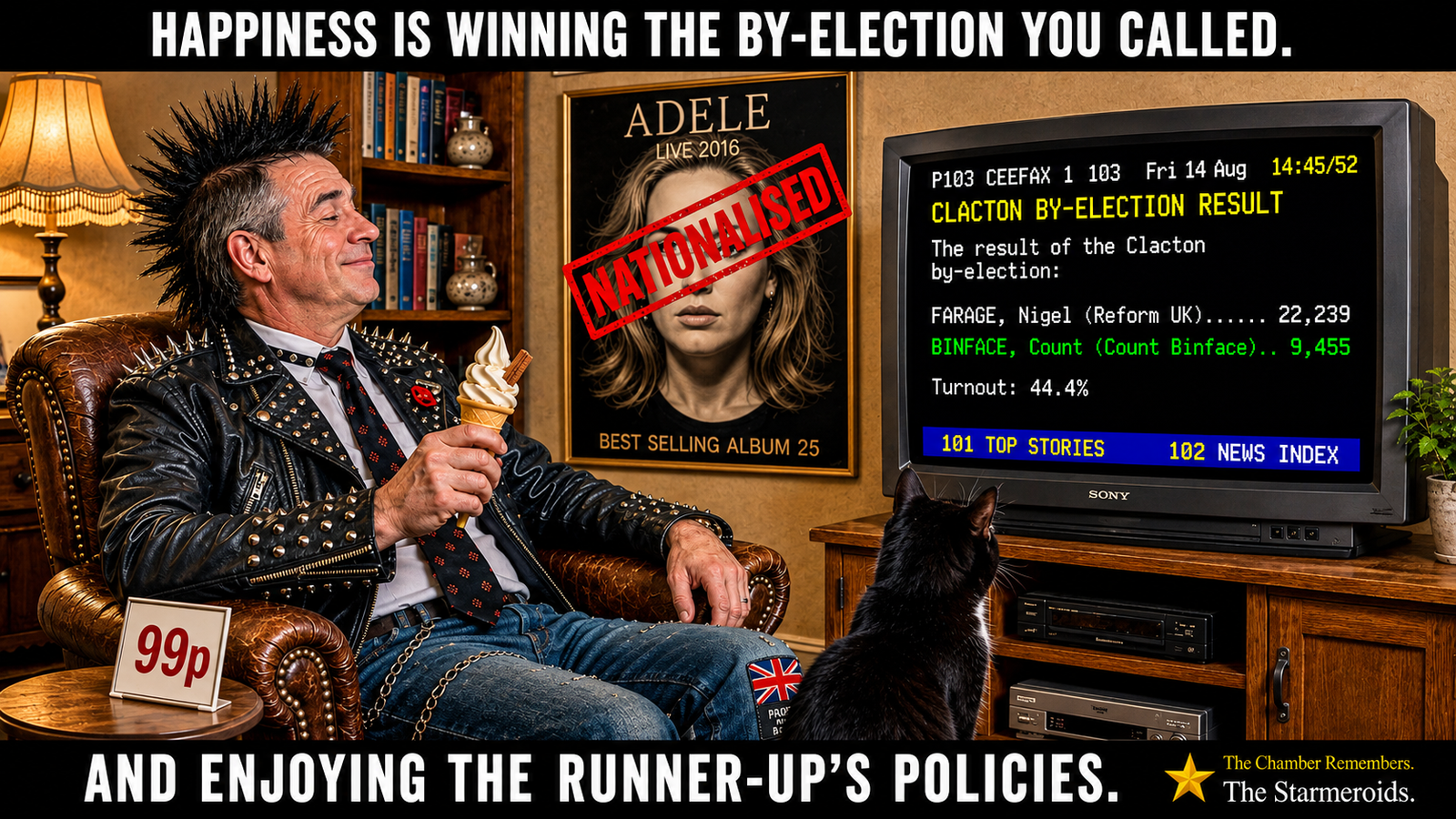 Top bar text: HAPPINESS IS WINNING THE BY-ELECTION YOU CALLED. Bottom bar text: AND ENJOYING THE RUNNER-UP'S POLICIES. A punk-styled man relaxes in a leather armchair holding a 99 Flake. A period CRT television shows an authentic-style Ceefax page with Farage 22,239, Binface 9,455 and turnout 44.4 percent. An Adele Live 2016 poster is stamped NATIONALISED and a small 99p price card sits nearby. Tac is mostly seen from behind on the floor watching the television.