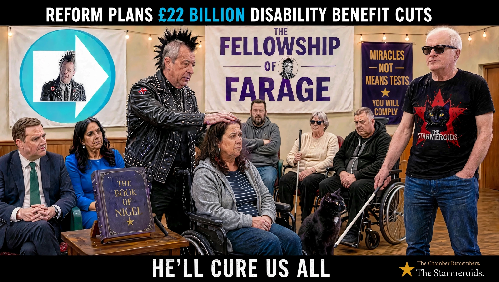 Top bar text: “REFORM PLANS £22 BILLION DISABILITY BENEFIT CUTS.” In a secular community-hall-style political “miracle” event called THE FELLOWSHIP OF FARAGE, Punk Farage performs a supposed cure while disabled adults remain exactly as they were before and look neutral or sceptical. Nobody rises from a wheelchair or stops using a cane. The disabled people are not the butt of the joke. The person who founded The Starmeroids project stands at the right wearing a Starmeroids shirt and Meta glasses and holding a white cane. Tac looks naturally toward the cane. Bottom bar text: “HE’LL CURE US ALL.”