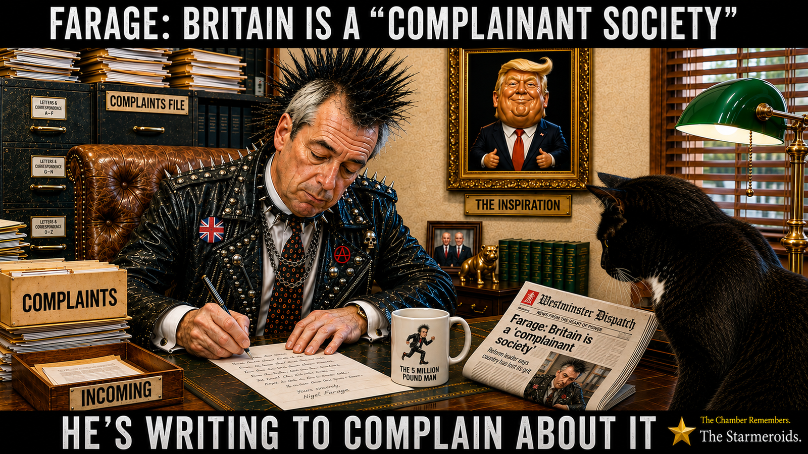 Top bar text: ‘Farage: Britain is a complainant society.’ A caricature of Nigel Farage writes a complaint while Tac looks towards a fictional newspaper. Bottom bar text: ‘He’s writing to complain about it.’