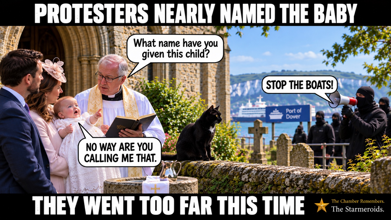 Top bar text: “Protesters nearly named the baby.” At an outdoor christening in a churchyard overlooking the Port of Dover, a vicar stands beside a couple holding their baby and asks, “What name have you given this child?” On the right, a masked protester dressed in black shouts through a megaphone, “Stop the boats!” Several other masked protesters stand behind him. The startled baby points towards the protesters and replies, “No way are you calling me that.” Tac, a black short-haired cat with amber eyes and a small white chest patch, sits on the churchyard wall looking towards the protesters rather than at the viewer. A Port of Dover sign, a ferry and the white cliffs are visible in the background. Bottom bar text: “They went too far this time.”