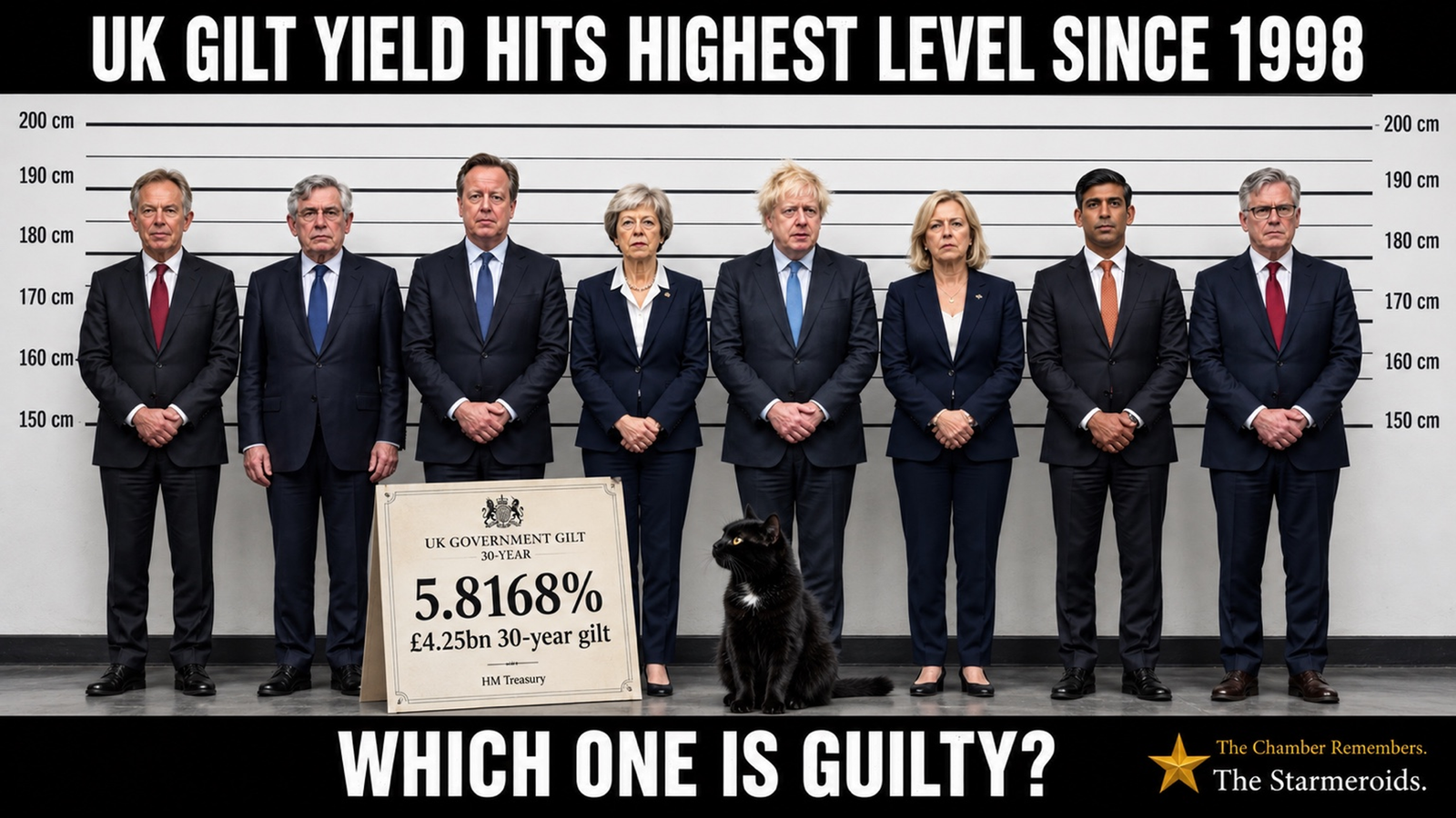 Top bar text: ‘UK gilt yield hits highest level since 1998.’ Eight British prime ministers stand in a police-style identification line-up beside a gilt document while Tac looks towards the line-up. Bottom bar text: ‘Which one is guilty?’