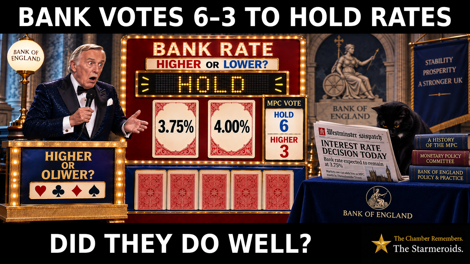 Top bar text: “Bank votes 6–3 to hold rates.” A brightly lit Bank of England game-show scene shows a surprised silver-haired host beside a board headed “Bank Rate” and “Higher or Lower?” An illuminated dot-matrix display reads “HOLD”, above cards showing 3.75% and 4.00%, while a panel records the MPC vote as “HOLD 6” and “HIGHER 3”. On the right, Tac is a small black short-haired cat with amber eyes and a small white chest patch. He sits beside a stack of books about the MPC and Bank of England policy, looking down towards the unseen back of a propped-up Westminster Dispatch newspaper. Its front page, facing the viewer, reads “INTEREST RATE DECISION TODAY” with the subheading “Bank rate expected to remain at 3.75%”. Bottom bar text: “Did they do well?”