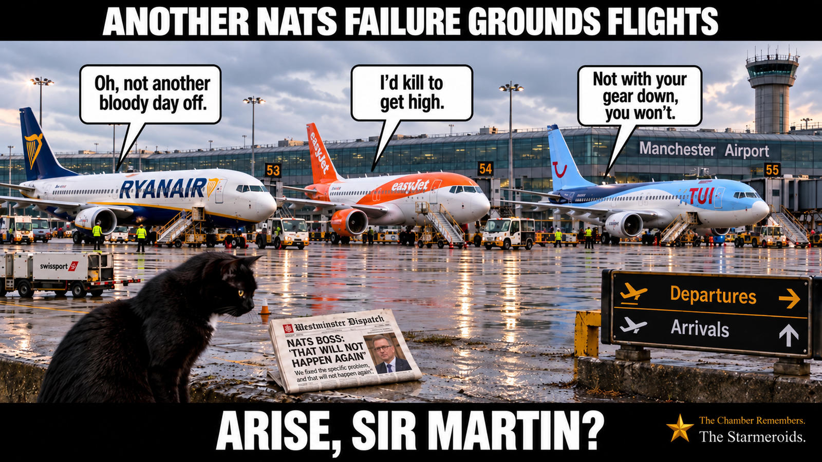 Top bar text: “Another NATS failure grounds flights.” On a wet apron at Manchester Airport, three passenger aircraft from Ryanair, easyJet and TUI stand side by side in front of the terminal. The Ryanair aircraft says, “Oh, not another bloody day off.” The easyJet aircraft replies, “I’d kill to get high.” The TUI aircraft says, “Not with your gear down, you won’t.” Airport vehicles and ground staff surround the aircraft, with the control tower visible behind them. In the foreground, Tac is a small black short-haired cat with amber eyes and a small white chest patch. He looks towards a copy of the fictional Westminster Dispatch newspaper lying on the ground. Its headline reads, “NATS boss: ‘That will not happen again’”, alongside a photograph of NATS chief executive Martin Rolfe. Beneath the headline it says, “We fixed the specific problem. And that will not happen again.” A nearby airport sign points towards departures and arrivals. Bottom bar text: “Arise, Sir Martin?”